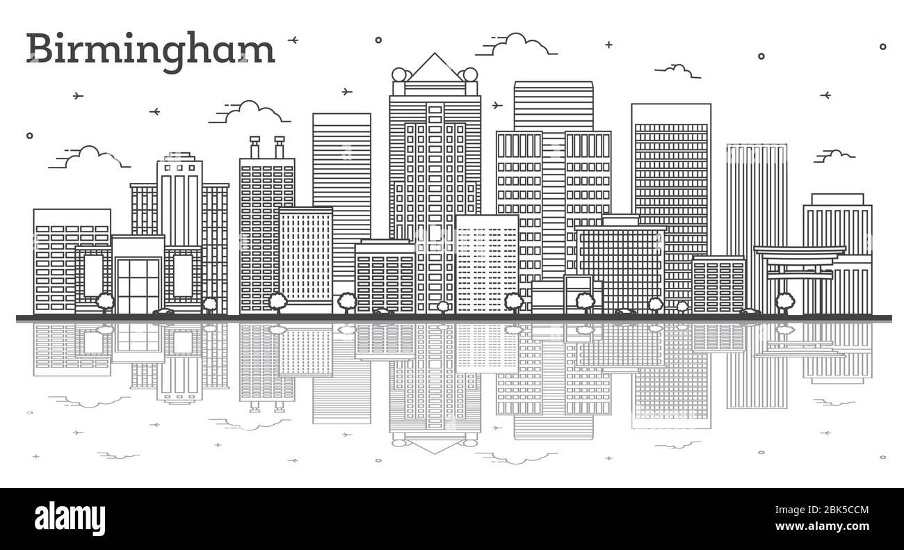 Delineate lo skyline della città di Birmingham Alabama con edifici moderni e riflessioni isolate su White. Illustrazione vettoriale. Illustrazione Vettoriale