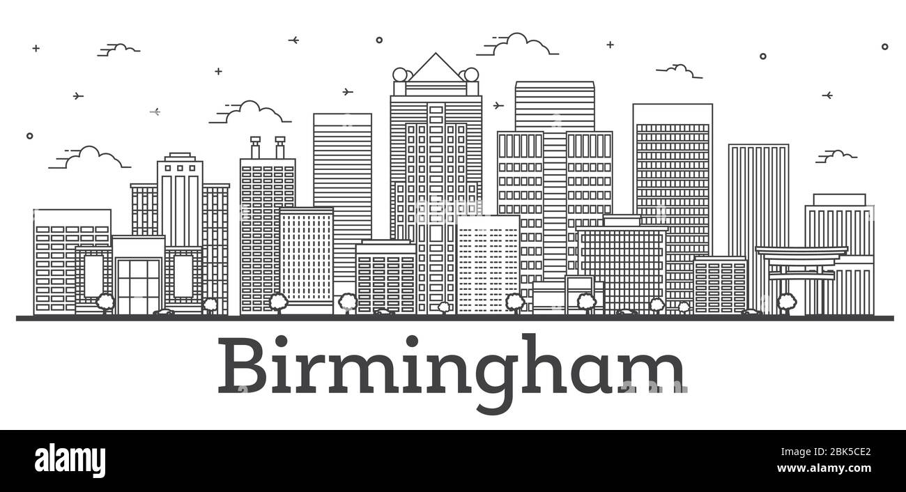 Contorno dello skyline di Birmingham Alabama City con edifici moderni isolati su White. Illustrazione vettoriale. Birmingham USA, paesaggio urbano con monumenti storici. Illustrazione Vettoriale