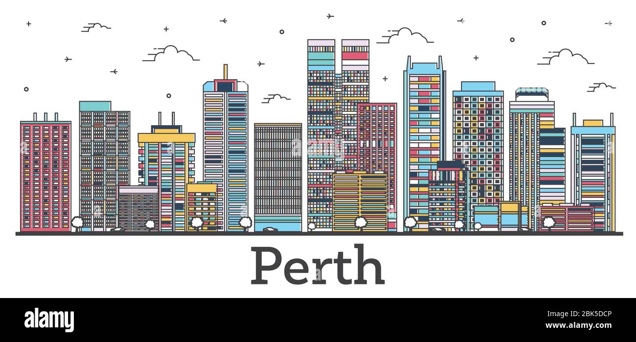 Contorno dello skyline della città di Perth Australia con edifici a colori isolati su bianco. Illustrazione vettoriale. Il paesaggio urbano di Perth con i suoi monumenti storici. Illustrazione Vettoriale