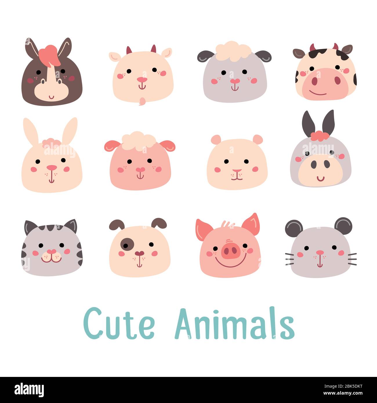 Vignetta animale da fattoria maiale, cavallo, pecora, mucca, capra, coniglio, criceto, asino, gatto, cane, topo. Illustrazione Vettoriale