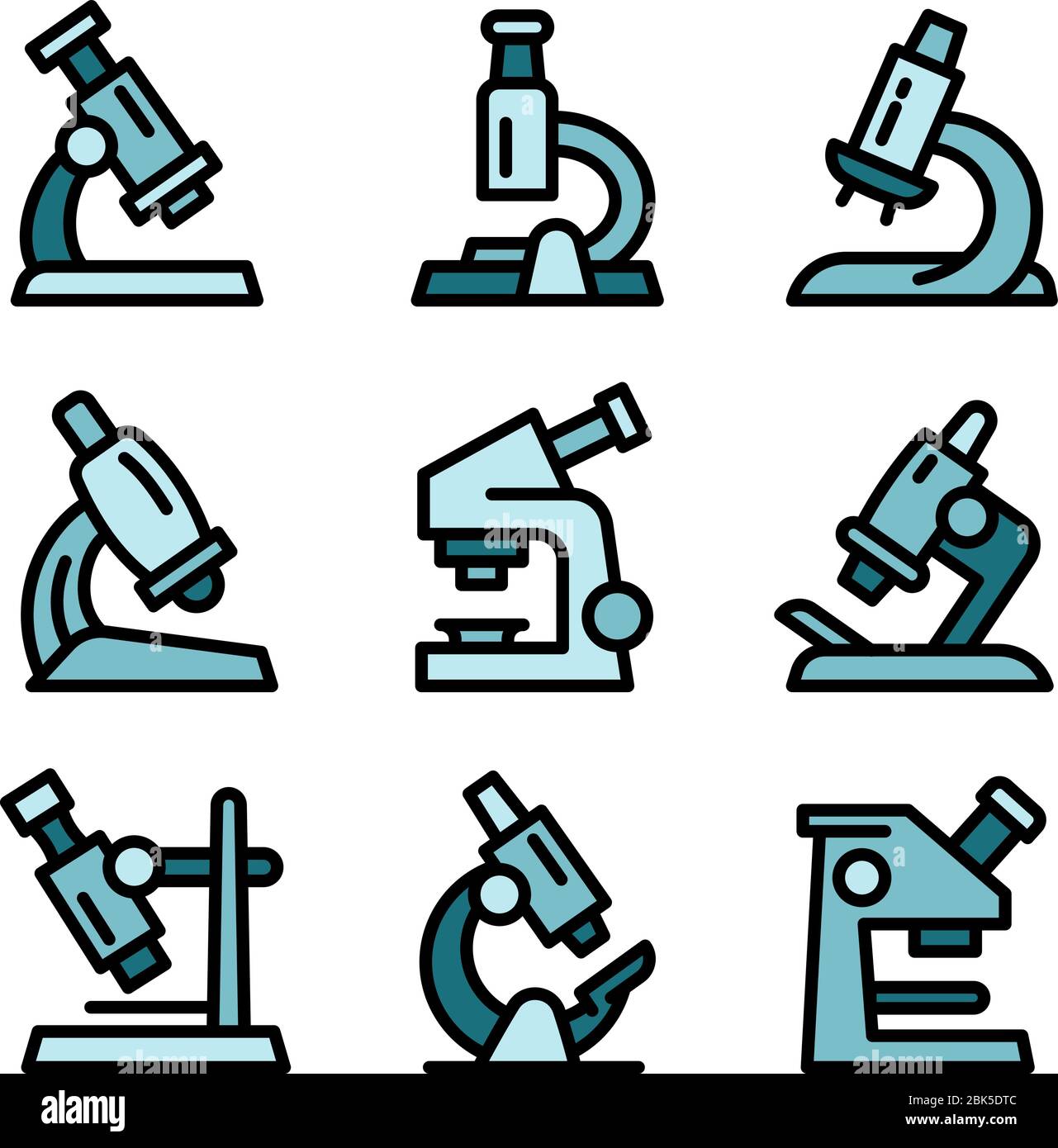 Set icone microscopio. Set di contorni di icone vettoriali per microscopio per web design isolato su sfondo bianco Illustrazione Vettoriale