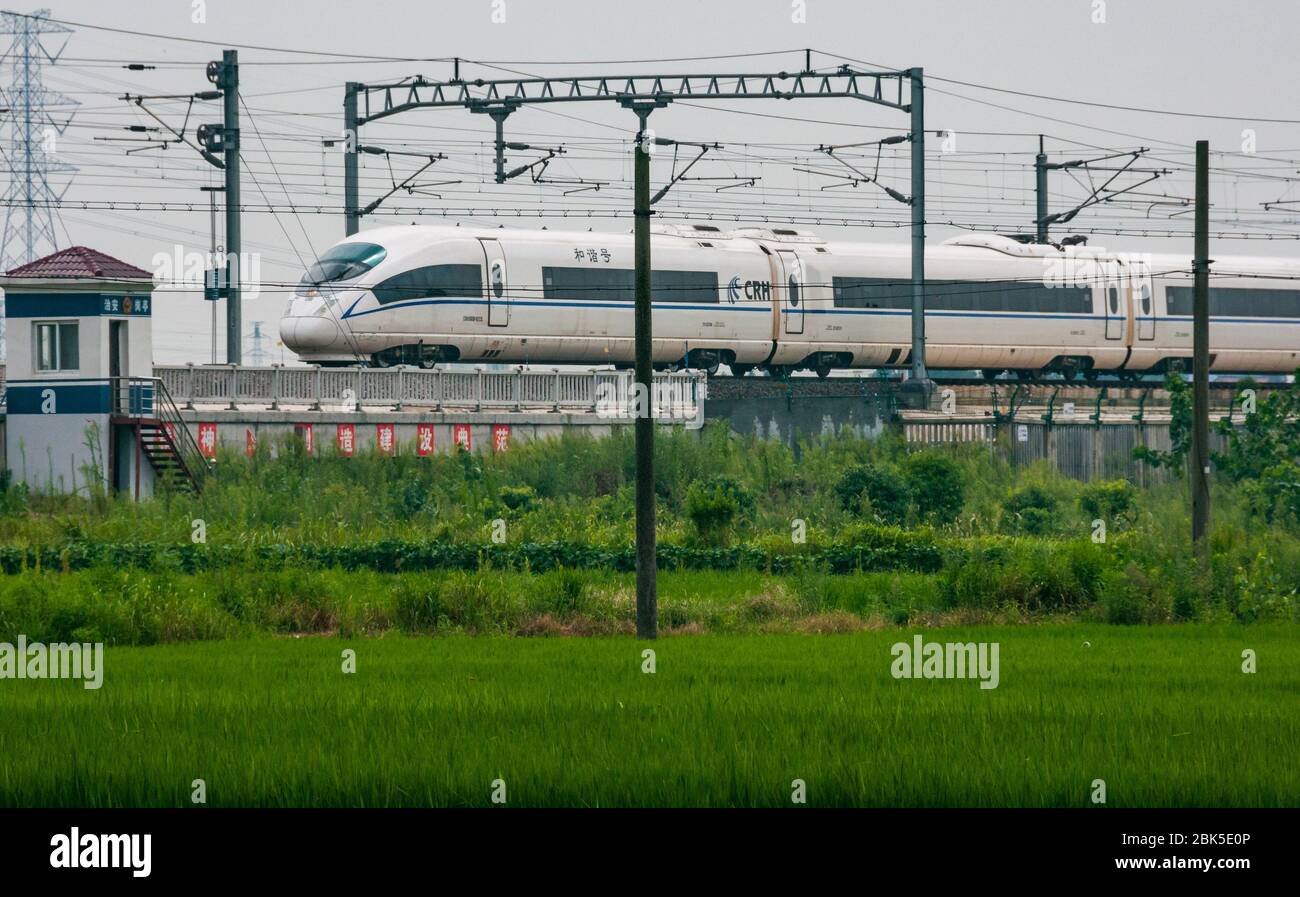 Un CRRC ex CRR CRH380BL bullet train basato sulla Siemens Velaro si avvicina alla stazione di Jiaxing South, Zhejiang, Cina. Foto Stock
