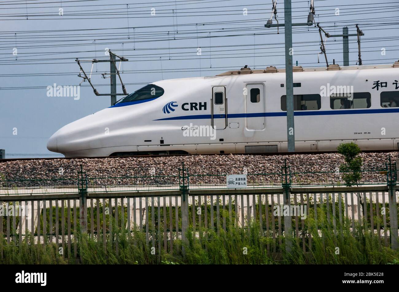 Un Cinese CRH2un treno bullet basata sul giapponese E2 shinkansen approcci Jiaxing Stazione Sud, Zhejiang, Cina. Foto Stock