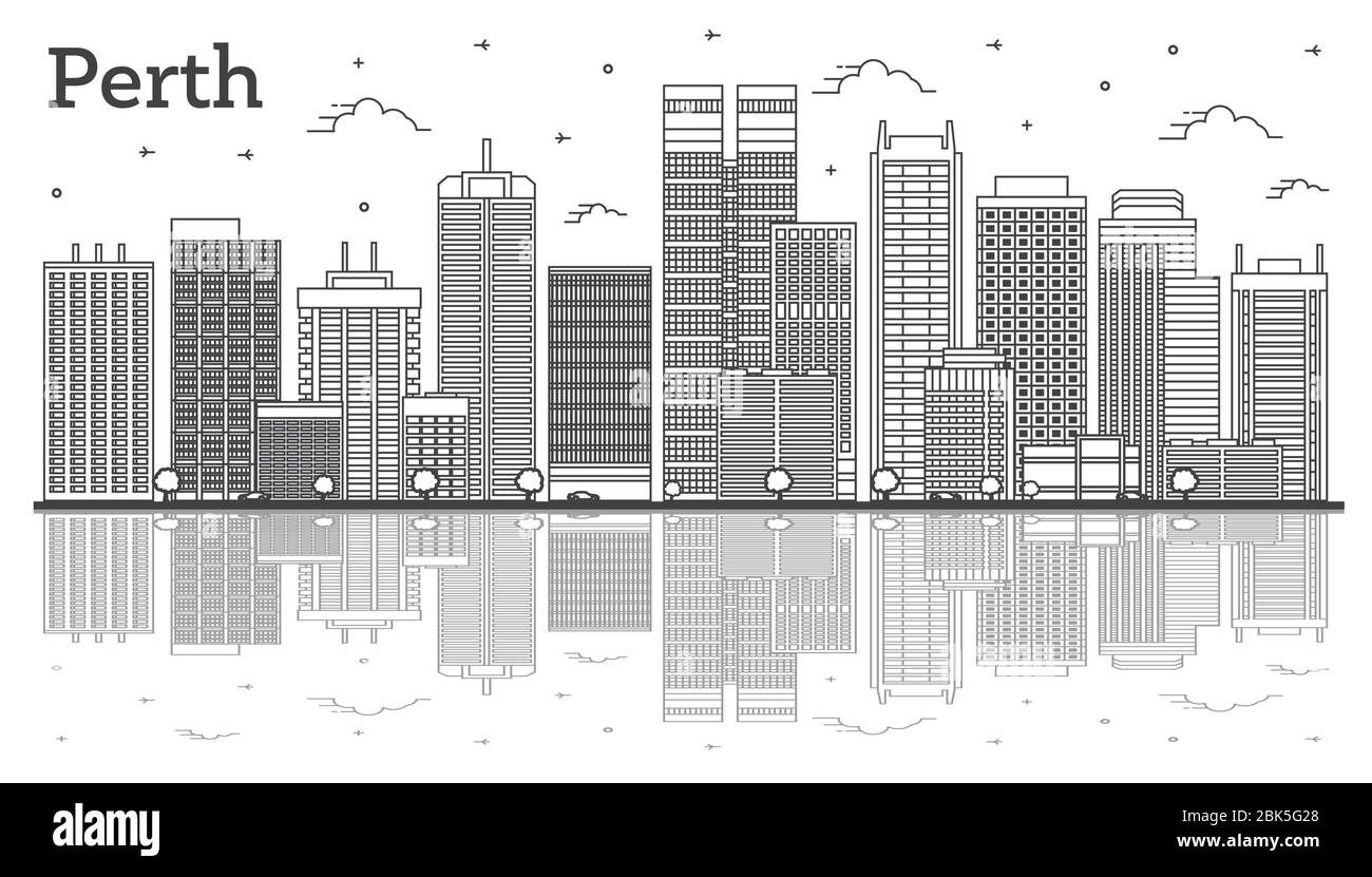 Delineate lo skyline della Citta' di Perth Australia con edifici moderni e riflessi isolati su White. Illustrazione vettoriale. Il paesaggio urbano di Perth con i suoi monumenti storici. Illustrazione Vettoriale