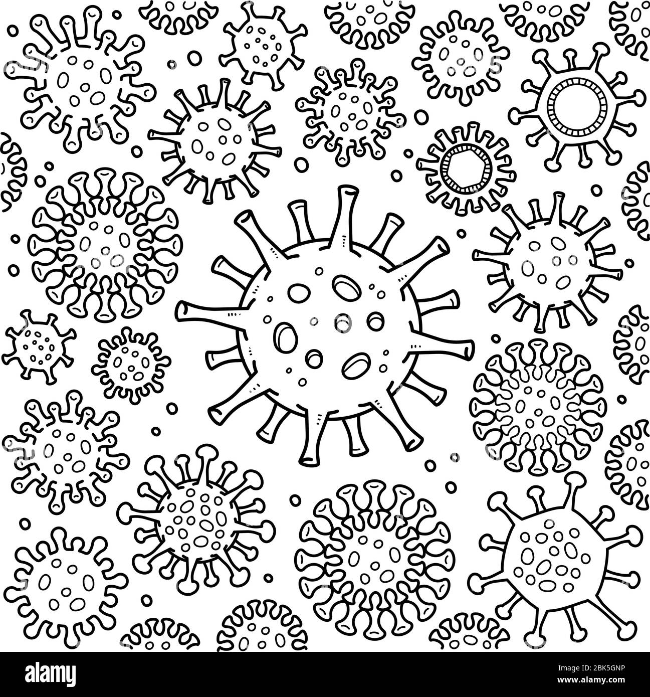Disegno del doodle del coronavirus. Disegno di virus e coronavirus in varie forme. Illustrazioni vettoriali a mano tratte su dootle isolate su bianco ba Illustrazione Vettoriale