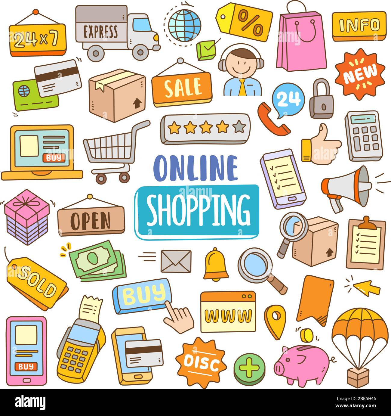 Set di elementi cartoon cartoon vettore di shopping online. Vari oggetti di shopping online disegnato a mano in colore doodle. Illustrazione Vettoriale