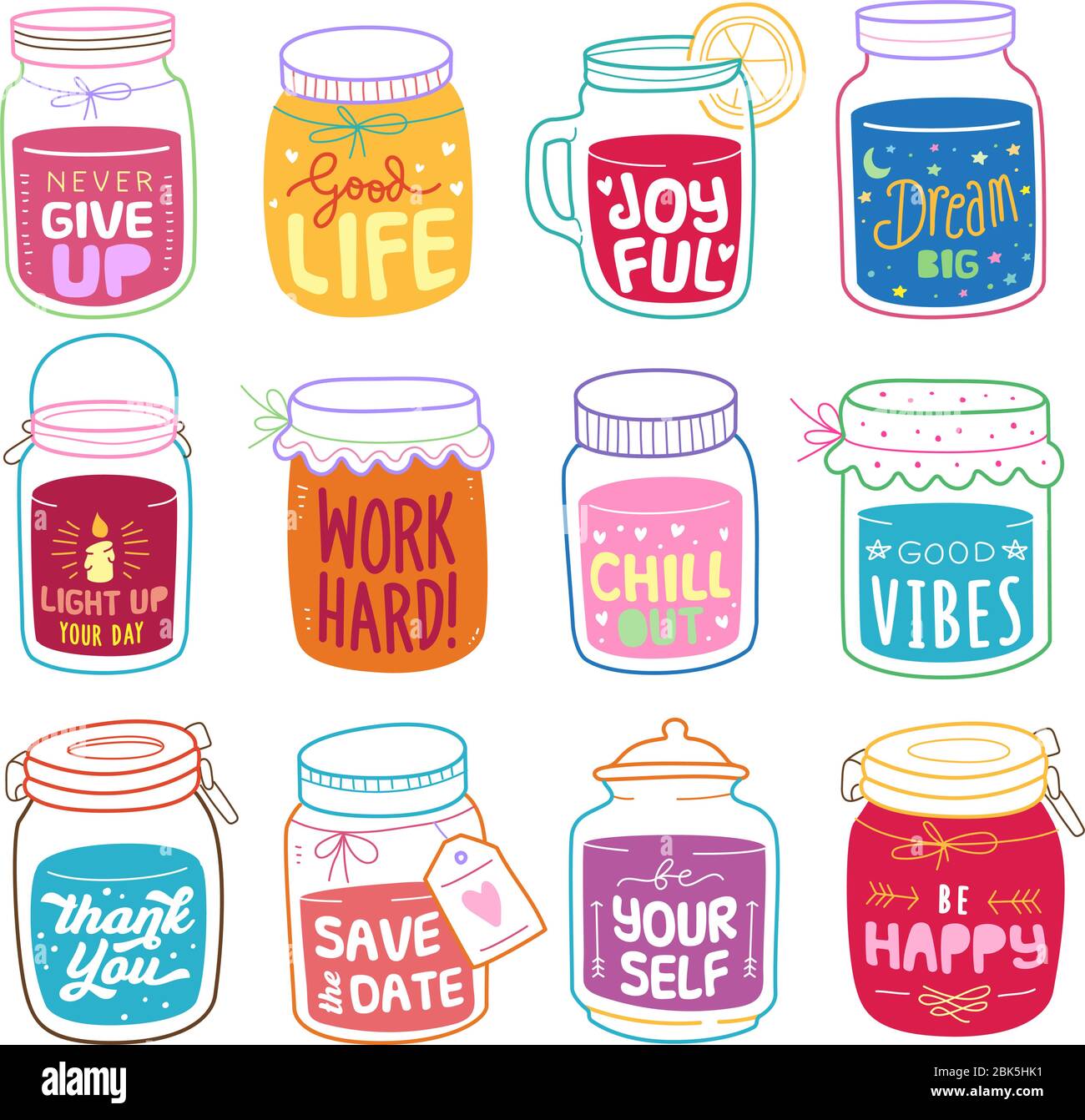 Set di virgolette positive nell'elemento di illustrazione vettoriale jar. Vari tipi di citazione positiva disegnata a mano in vaso a colori. Illustrazione Vettoriale