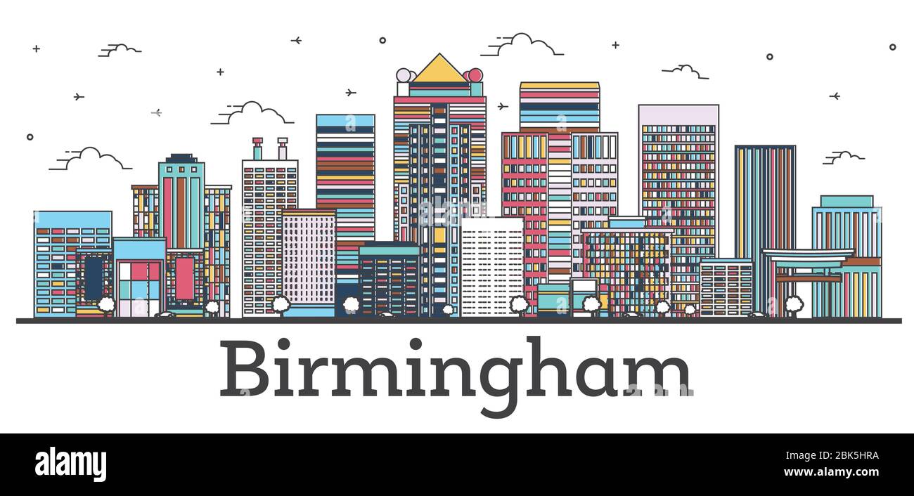Contorno dello skyline di Birmingham Alabama City con edifici a colori isolati su bianco. Illustrazione vettoriale. Birmingham USA, paesaggio urbano con monumenti storici. Illustrazione Vettoriale