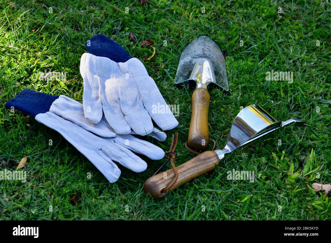 Attrezzi da giardino sull'erba Foto Stock