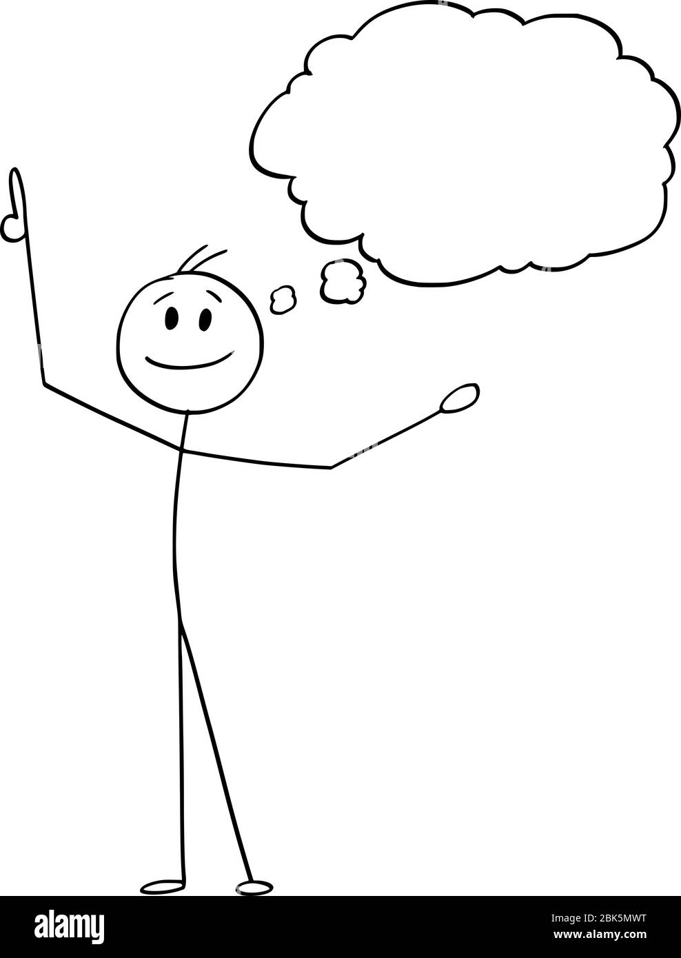 Figura del bastone del cartoon del vettore che disegnano l'illustrazione concettuale di un uomo sorridente felice o di un uomo d'affari che ha appena ottenuto un'idea. Fumetto o bollatura vuoti per il testo, Illustrazione Vettoriale