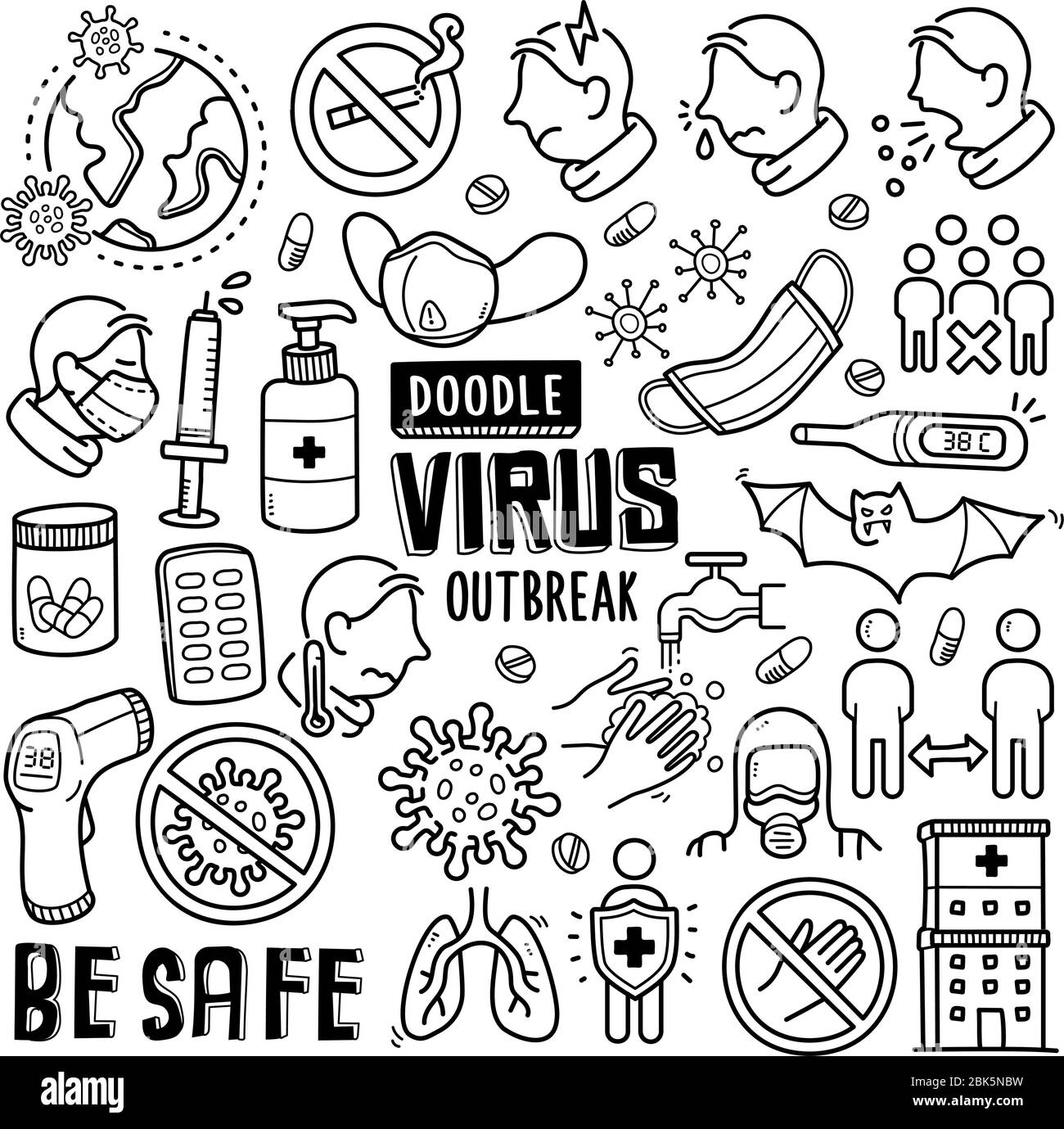 Collezione di disegno per doodle di focolai di coronavirus. Sono inclusi elementi quali covid-19, coronavirus, prevenzione, sintomo, ecc. Vettore disegnato a mano Illustrazione Vettoriale