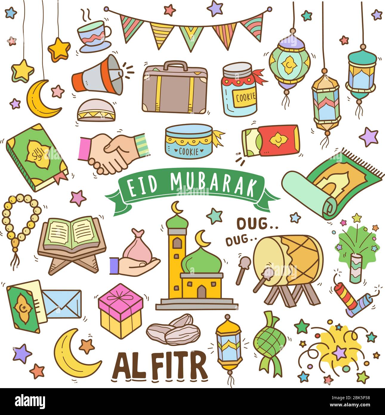 Set di elementi di illustrazione vettoriale eid al fire. Vari tipi di elementi eid mubarak disegnati a mano nei colori. Illustrazione Vettoriale