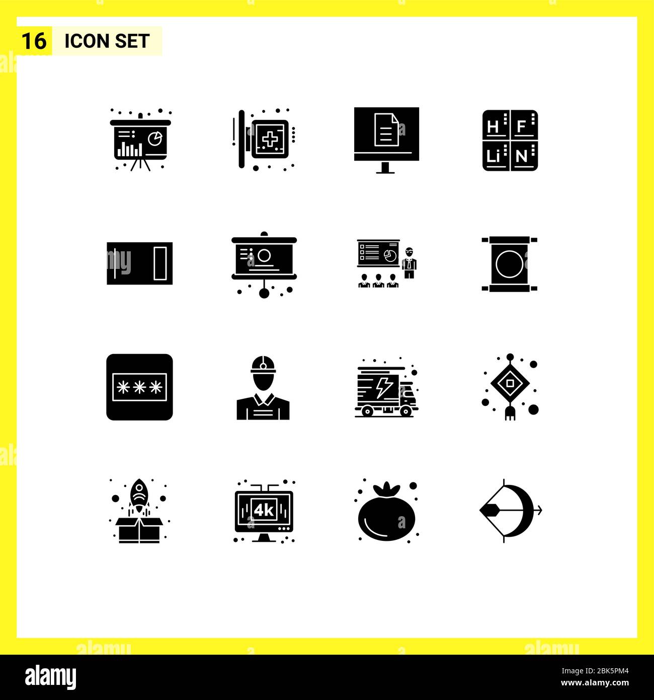 Solid Glyph Pack di 16 simboli universali di elementi di progettazione vettoriale editabili online, medici, da tavolo, ospedalieri Illustrazione Vettoriale