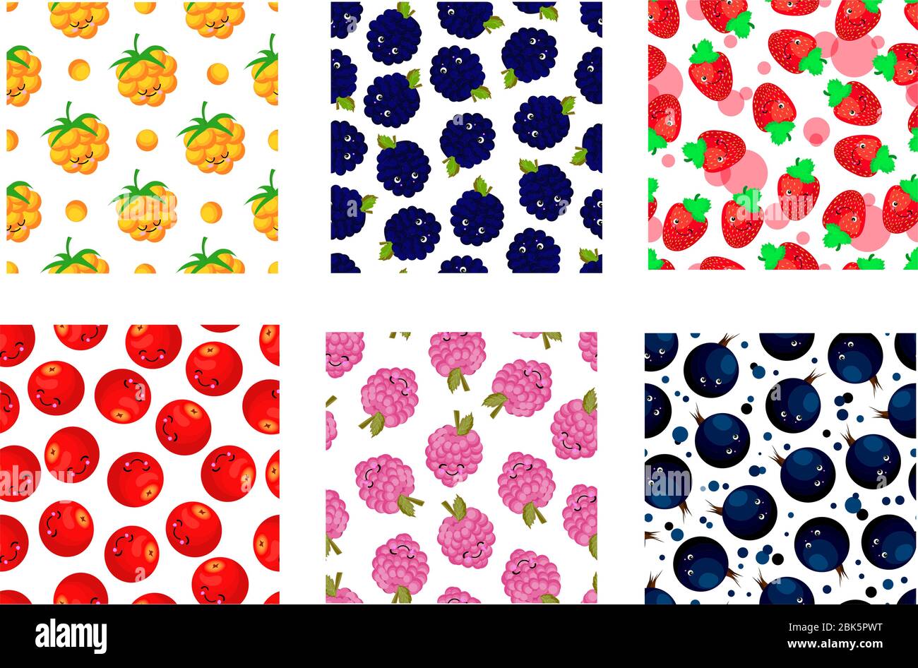Set di modelli di bacche. Ribes nero, mirtilli, fragole, lamponi e more. Disegni di frutta. Modelli per i tessuti per bambini e. Illustrazione Vettoriale