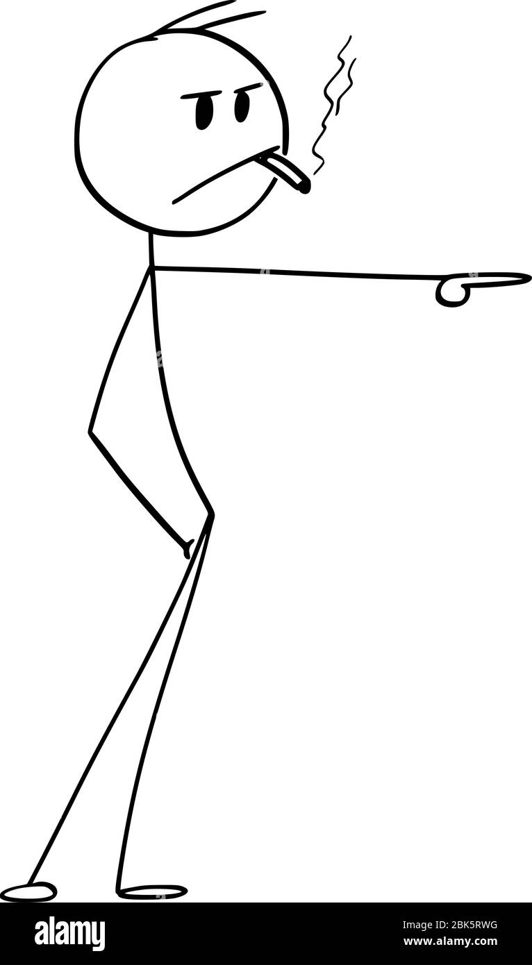 Figura del bastone del cartoon del vettore che disegnano l'illustrazione concettuale dell'uomo o del tipo duro annoiato con la sigaretta o il sigaro che mostra o che punta qualcosa. Illustrazione Vettoriale