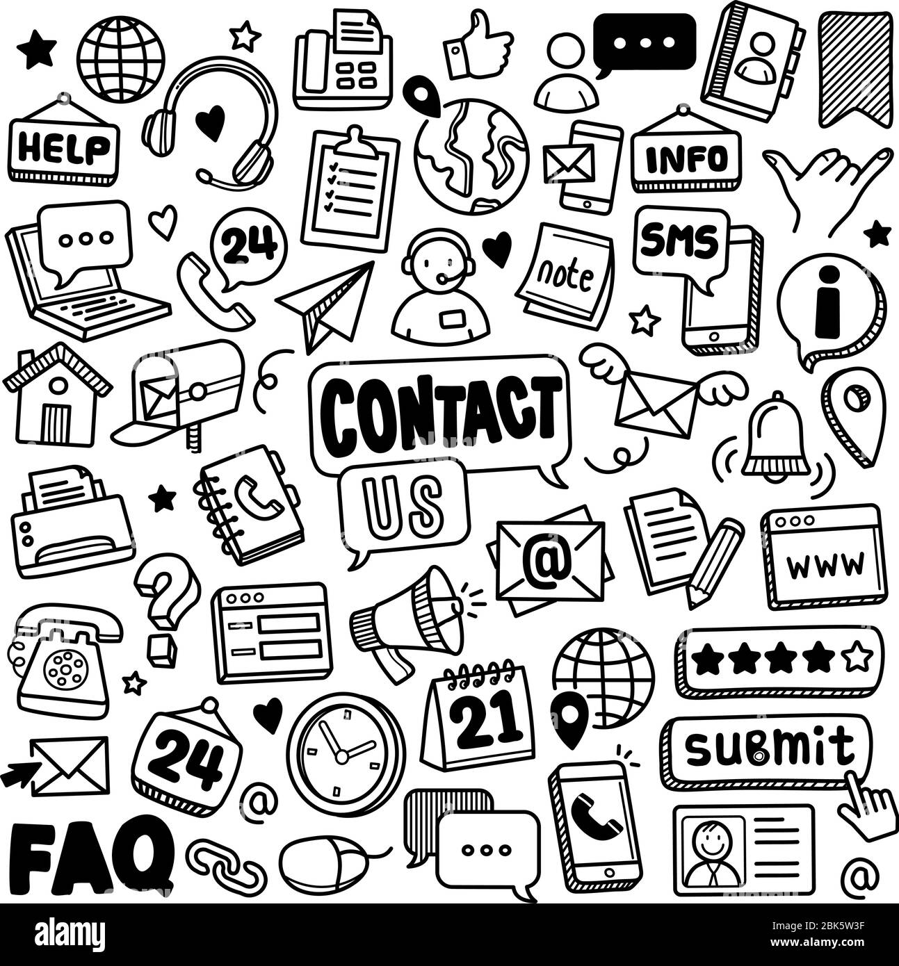 Insieme di elementi di doodle vettoriali relativi al contatto e alla comunicazione. Raccolta di simboli e icone di contatto vettoriale e comunicazione disegnati a mano. Illustrazione Vettoriale