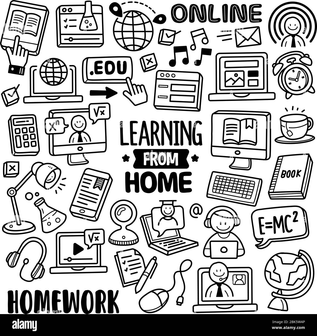 Insieme di elementi di doodle vettoriali relativi all'apprendimento da casa. Raccolta di simboli e icone di apprendimento a mano. Illustrazione Vettoriale