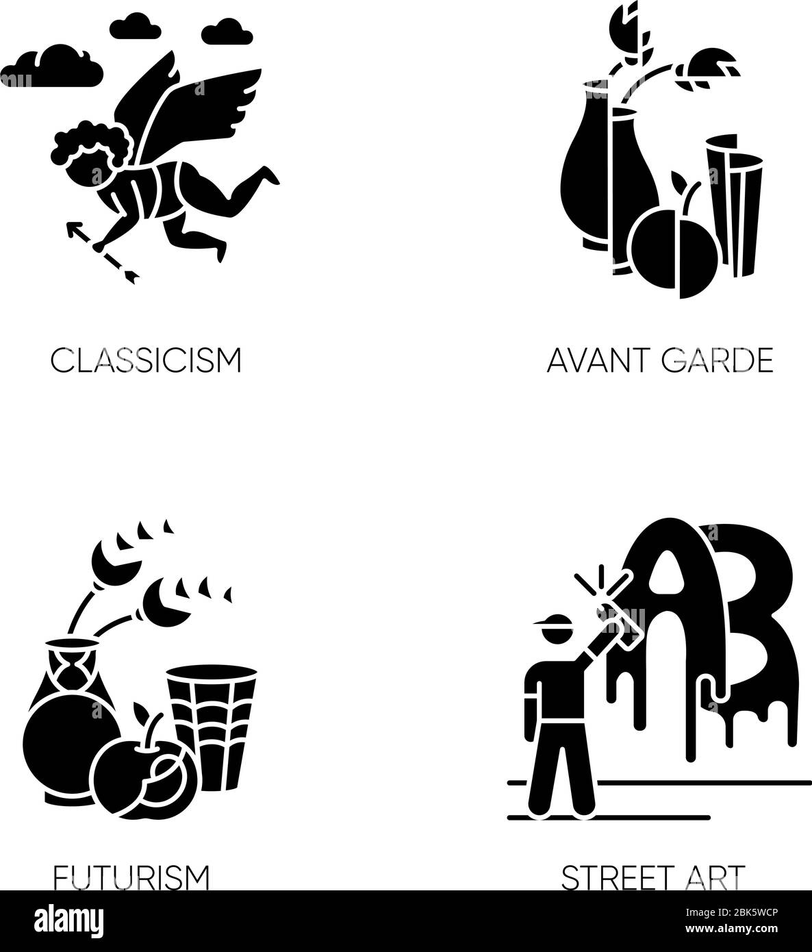 Movimenti artistici icone glifi neri impostate su spazio bianco Illustrazione Vettoriale