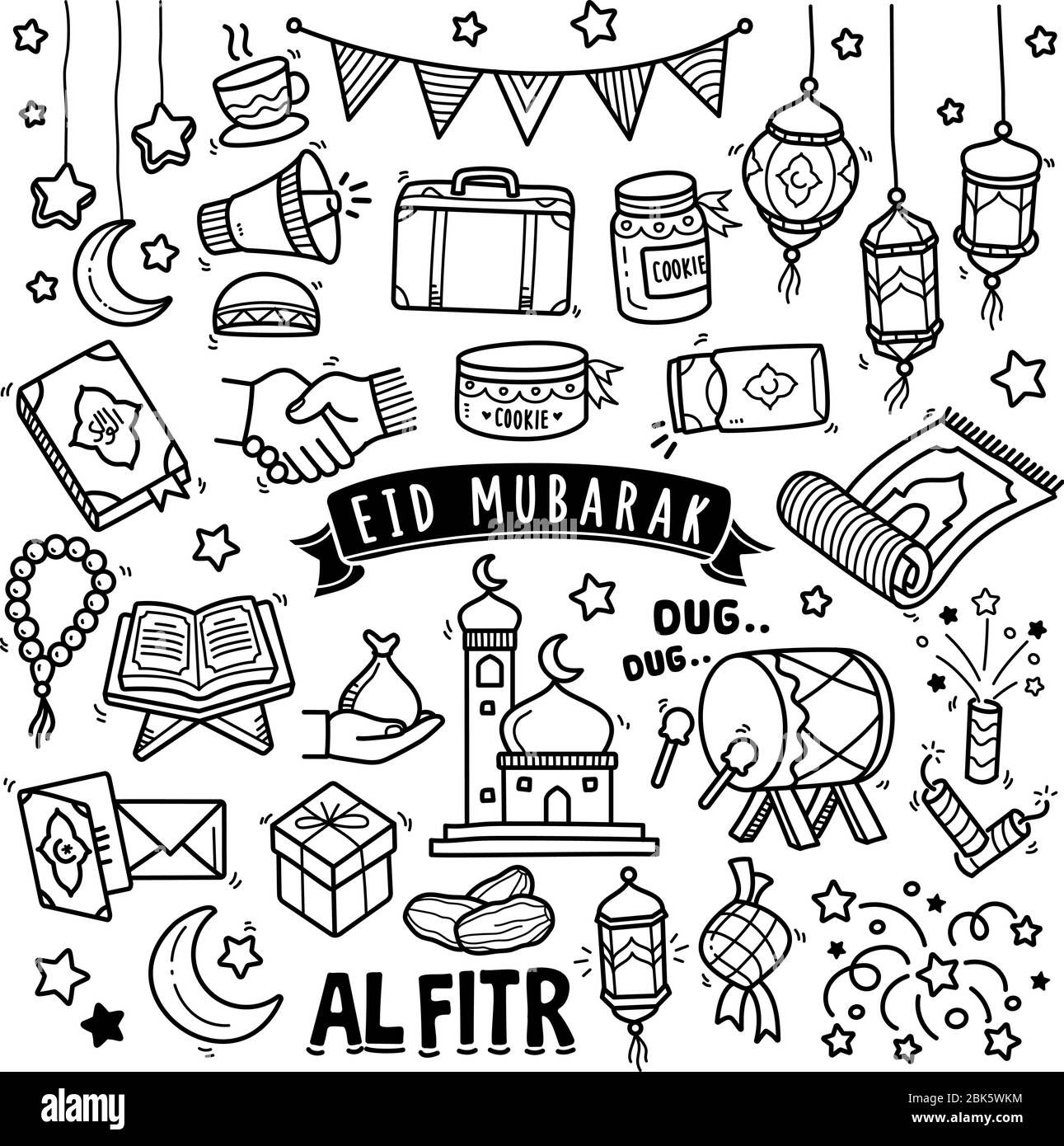 Set di elementi di doodle vettoriali relativi a Eid Mubarak. Set di simboli disegnati a mano e icone per il festival sacro musulmano Eid ul-Fitr. Illustrazione Vettoriale