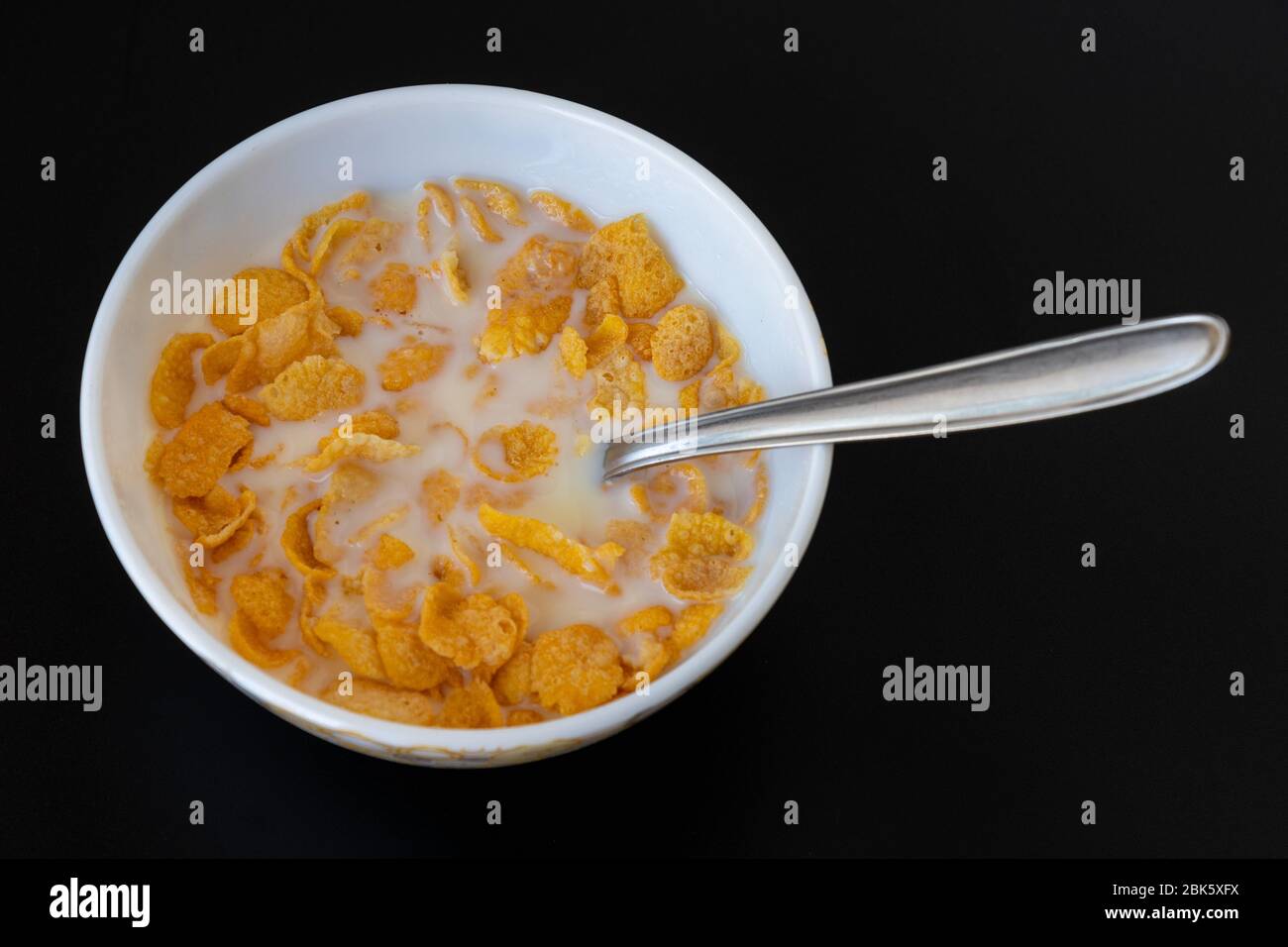 Fiocchi di mais con latte in ciotola isolato su sfondo grigio nero, una deliziosa colazione a base di cereali dietetici. Vista dall'alto. Foto Stock