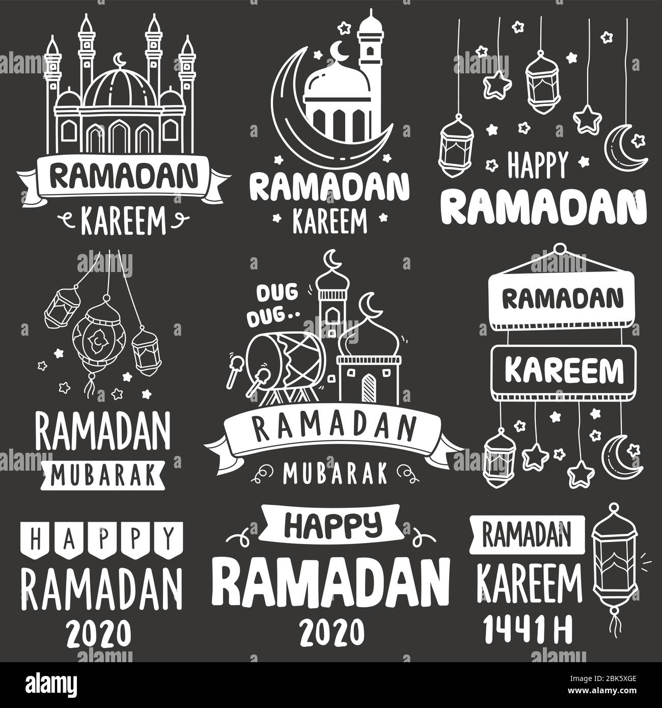 Set di elementi di dodle vettoriali per biglietti di auguri ramadan. Vari tipi di biglietti d'auguri ramadan disegnati a mano in stile illustrazione lavagna Illustrazione Vettoriale