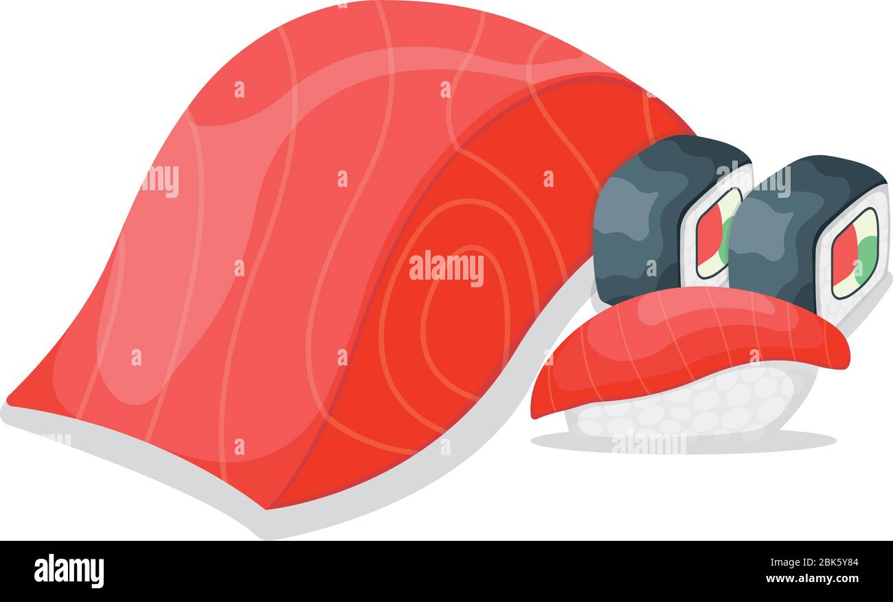 Pezzo di pesce tonno salmone, filetto di bistecca fresco e sushi isolato su bianco, cartoni animati illustrazione vettoriale. Omega 3 cibo, sano pesce roba ic Illustrazione Vettoriale
