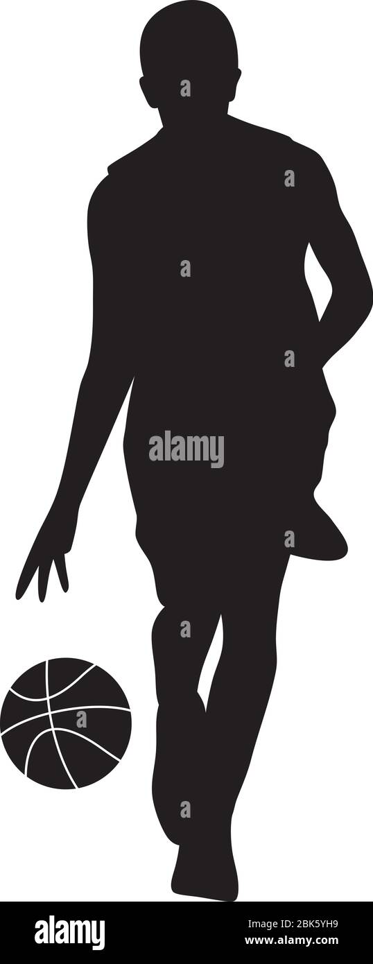 Silhouette vettoriale di un giocatore di basket maschile in azione con dribble palla, illustrazione astratta di atleta professionista che gioca in un concorso sportivo Illustrazione Vettoriale