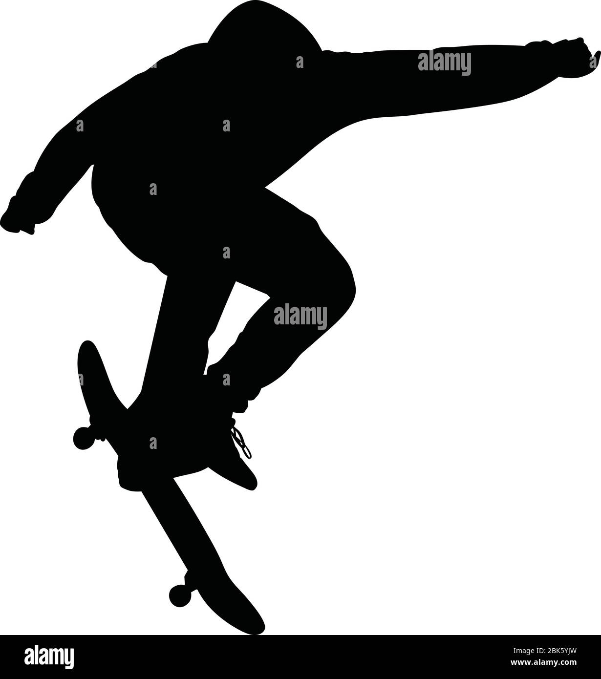 Silhouette vettoriale di skater maschile che salta a bordo in gara sportiva di skateboard estrema, illustrazione grafica di giovane uomo in pratica di pattinaggio in Illustrazione Vettoriale