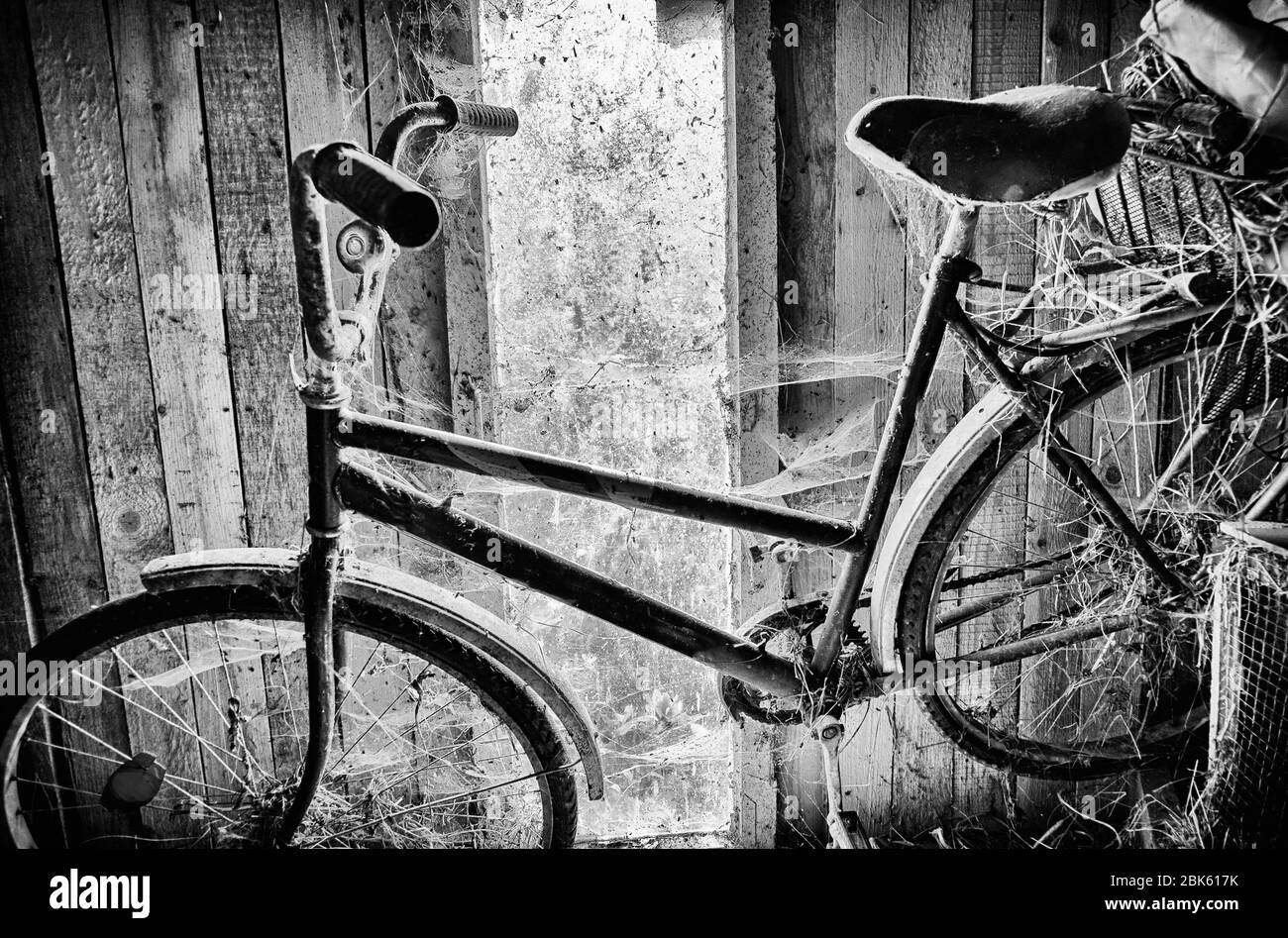 In stile bianco e nero una bicicletta d'epoca coperta in ciottoli Foto Stock