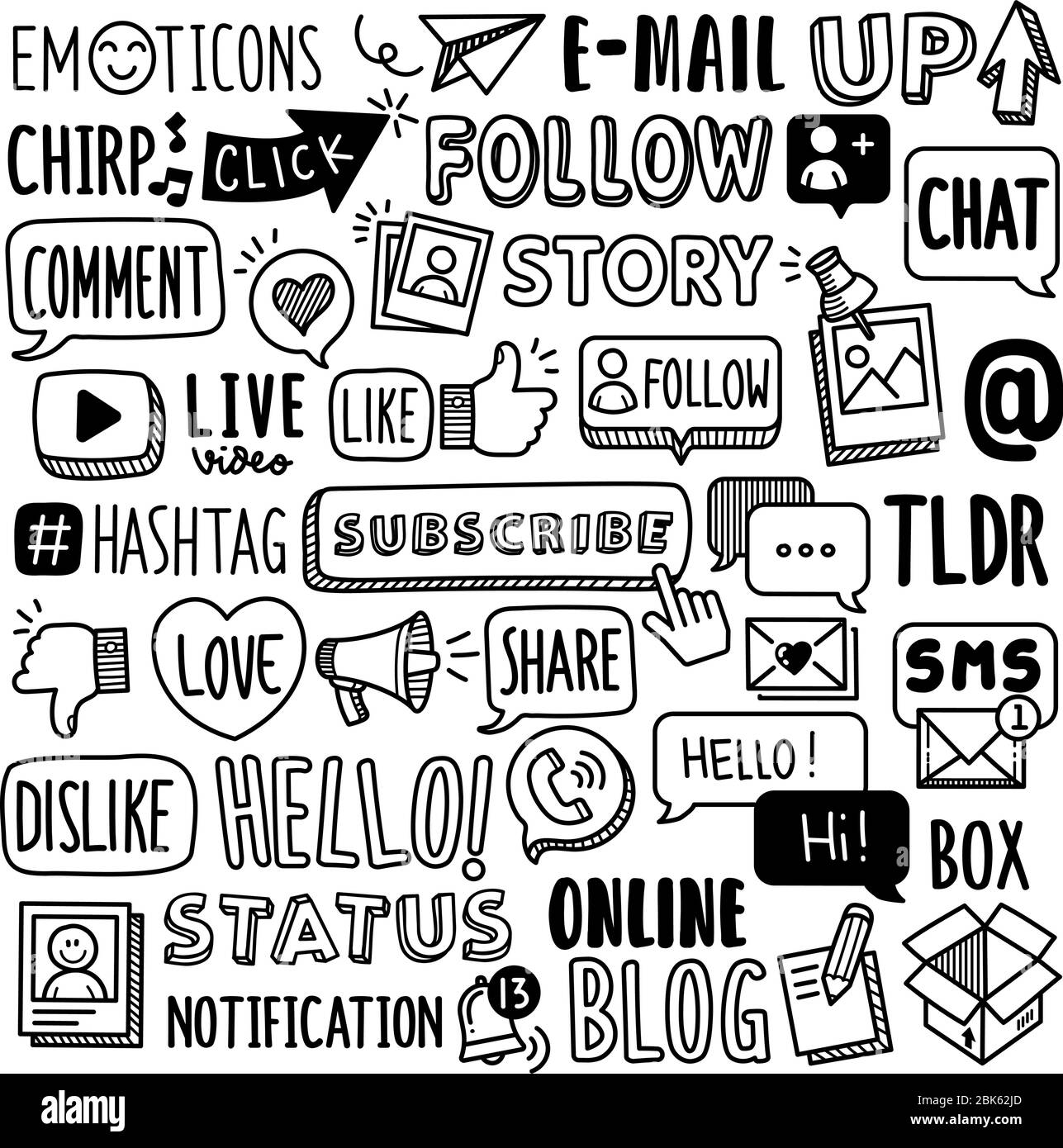 Insieme di elementi di doodle vettoriali relativi ai social media. Raccolta di termini e frasi di parole dei social media disegnati a mano. Illustrazione Vettoriale