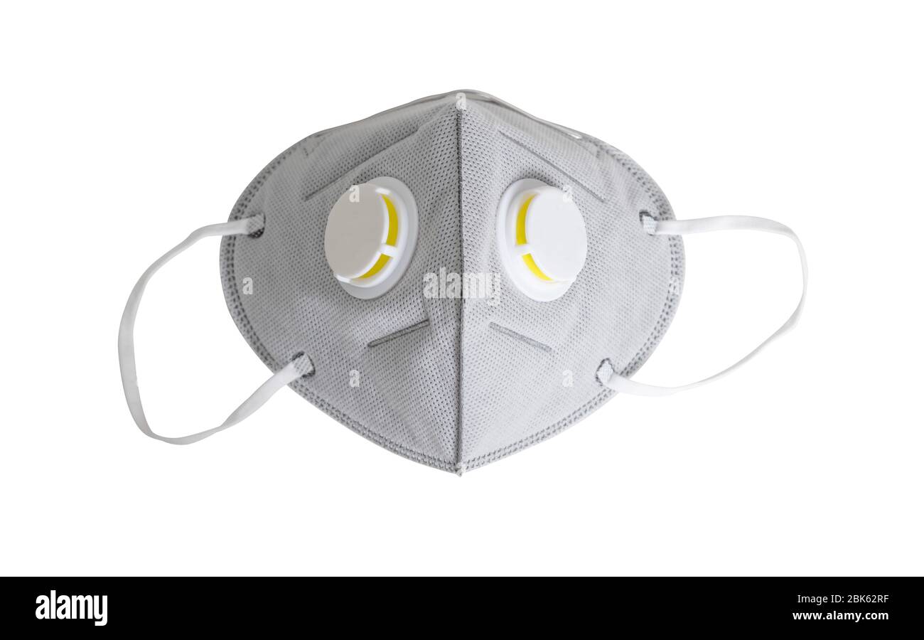 Una maschera N95 su sfondo bianco con tracciati di ritaglio. Maschera per protezione PM 2.5 e coronavirus o COVID-19. Foto Stock