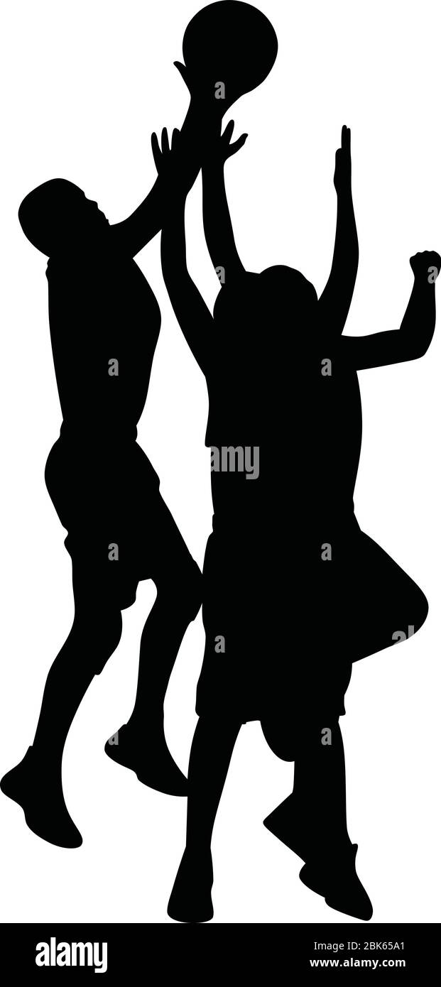 Silhouette vettoriale di giocatori di basket atletico che saltano per segnare un colpo in partita di palla, gruppo di atleti maschi che segnano una palla per vincere una competizione Illustrazione Vettoriale