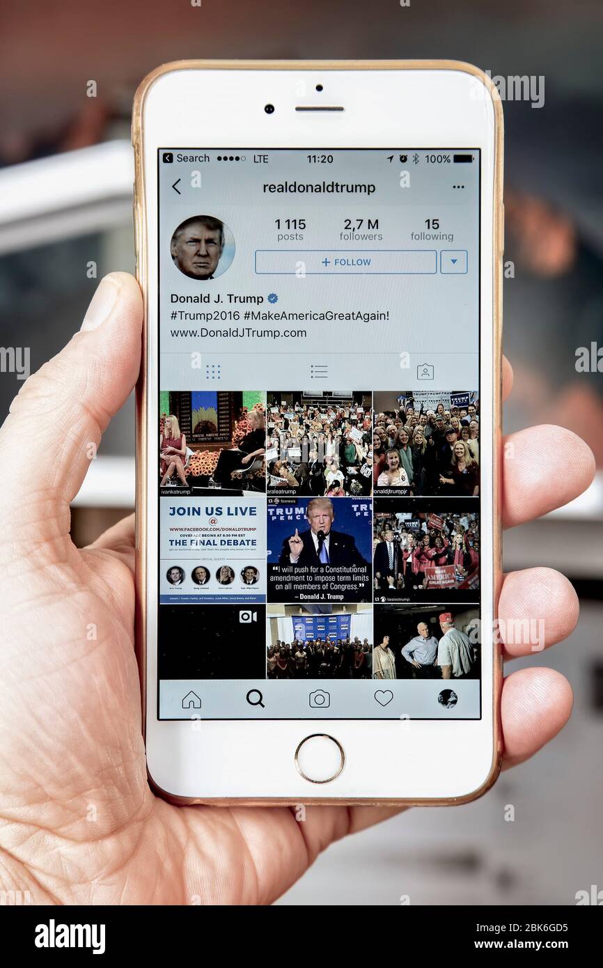 WROCLAW. POLONIA- 20 ottobre 2016: Account Instagram di Donald Trump mostrato su iPhone 6 Plus, Foto Stock