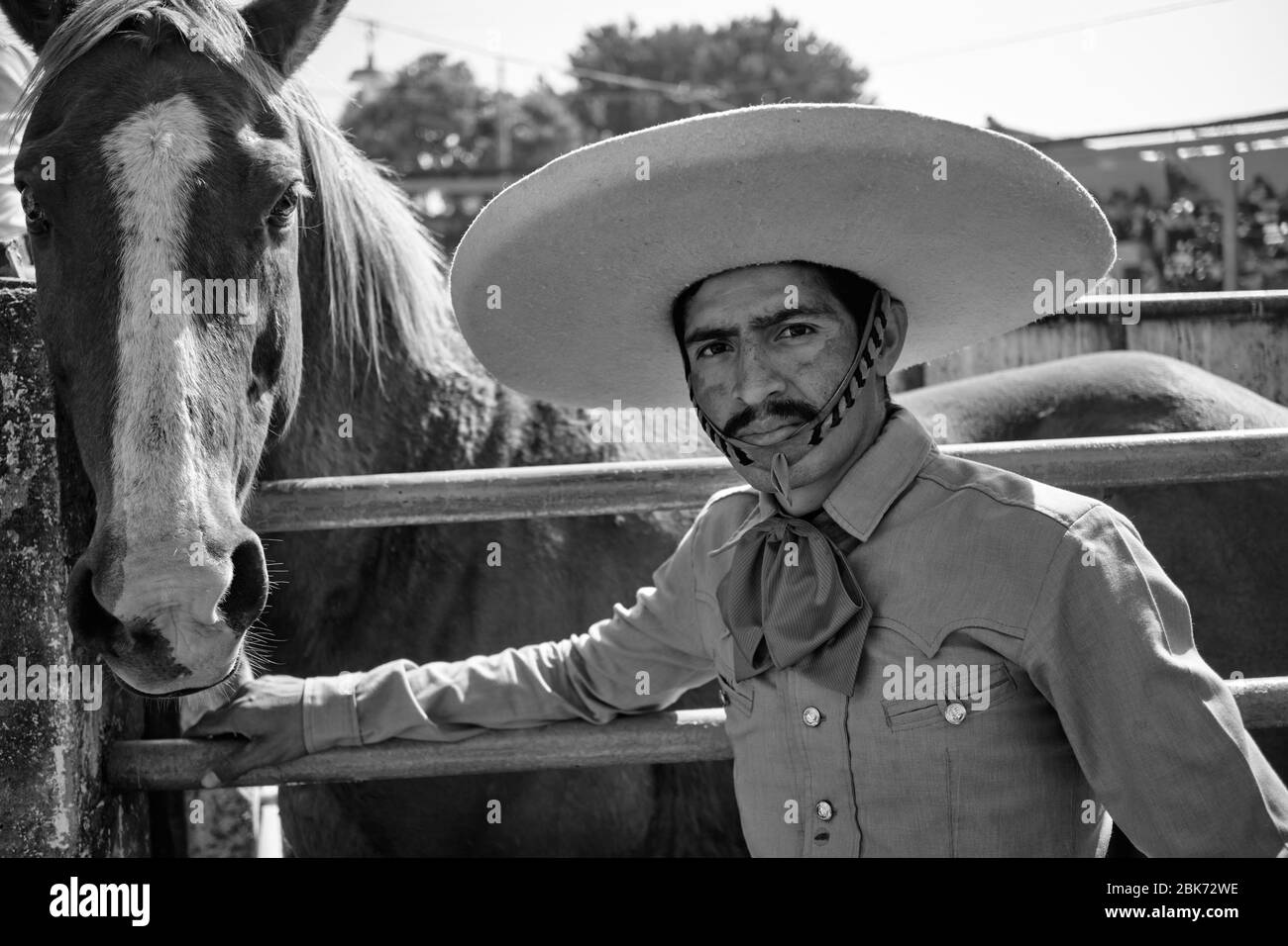 Ritratto di un cowboy messicano davanti ad un cavallo selvaggio in una gabbia pronta per essere utilizzata in un evento di 'charreria'. Charrerias sono l'equivalente messicano di rode Foto Stock