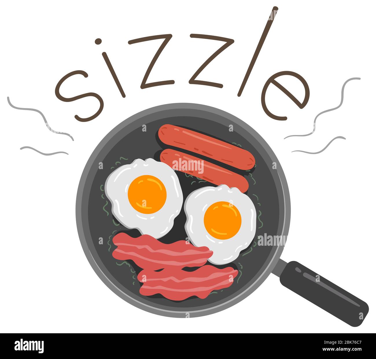 Illustrazione di una padella che produce suono Sizzle mentre cucinano i hotdog, le uova ed il bacon Foto Stock