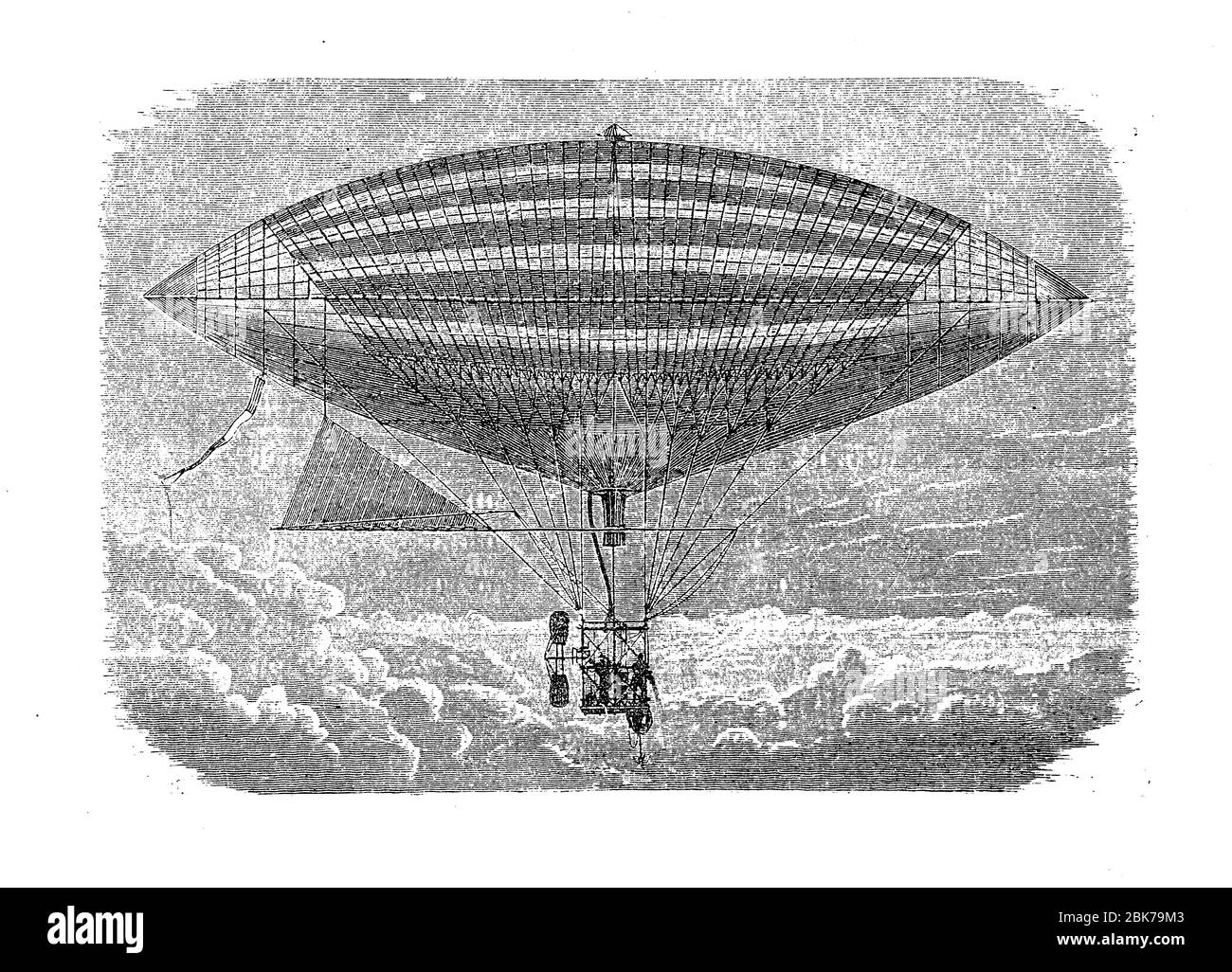 Il primo volo a motore elettrico dell'aeronauta francese Gaston Tissandier nel 1883, montando un motore elettrico con un'elica nella gondola del suo pallone ad aria calda Foto Stock