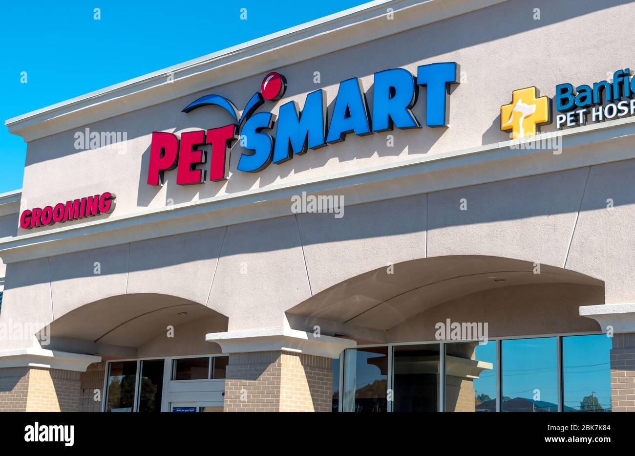 Charlotte, NC/USA - 9 novembre 2019: Primo piano orizzontale di un negozio "PET Smart" al Carolina Pavillion con marchio/logo sulla facciata di bui Foto Stock