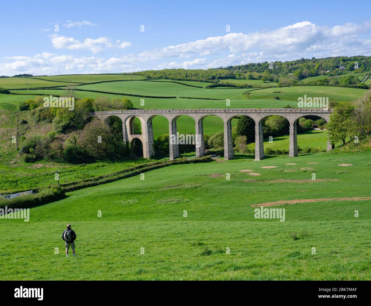 Cannington, Devon orientale. 2 maggio 2020. UK Weather: L'imponente viadotto a Cannington incornicia la splendida campagna del Devon orientale in un bellissimo pomeriggio soleggiato durante il blocco dei pandemici coronavirus. Un camminatore solone ammira la vista. Credit: Celia McMahon/Alamy Live News Foto Stock