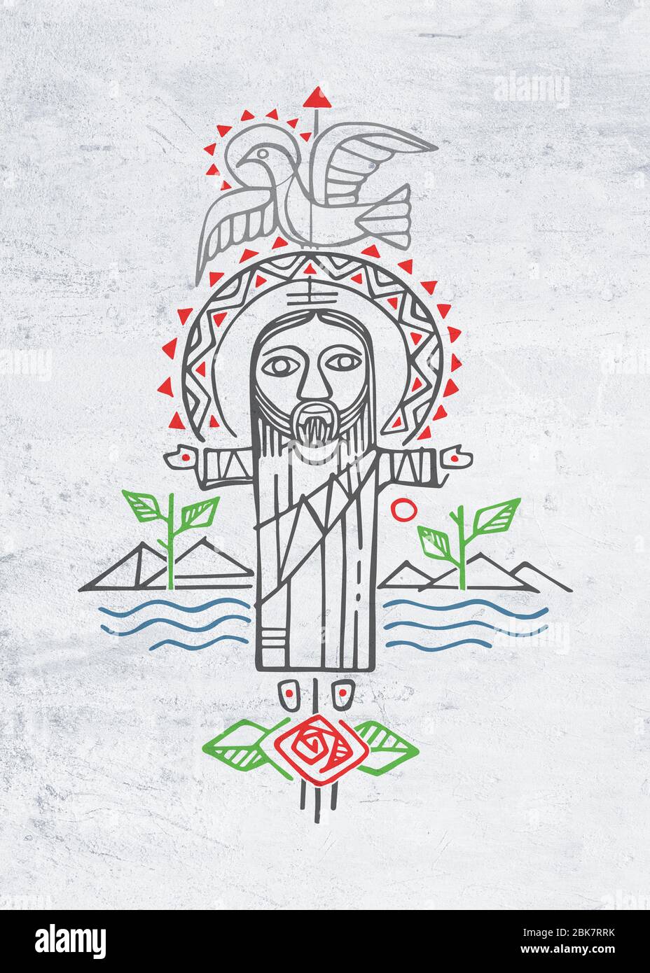 Illustrazione disegnata a mano o disegno di Gesù Cristo a braccia aperte e simboli Foto Stock