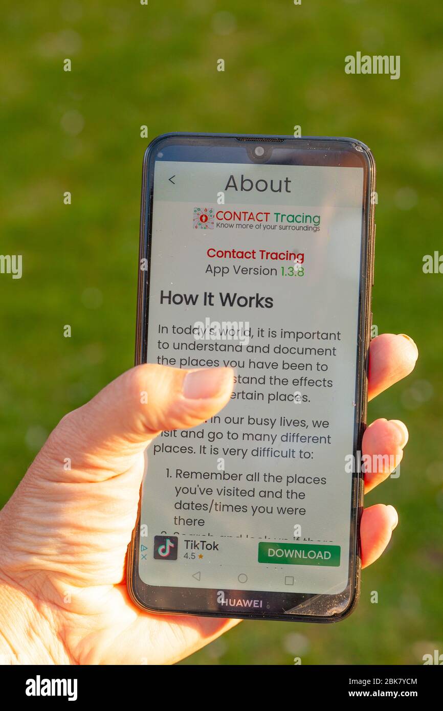 Mano femminile che tiene uno smartphone che mostra un'app per il tracciamento dei contatti lanciata per tenere traccia dei contatti di pazienti di Coronavirus/Covid 19. Foto Stock