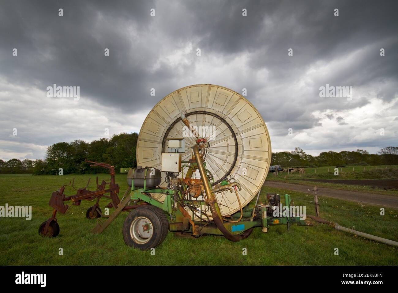 In attesa di pioggia: Agricoltura irrigazione tubo flessibile su bobina grande sotto cielo minaccioso Foto Stock