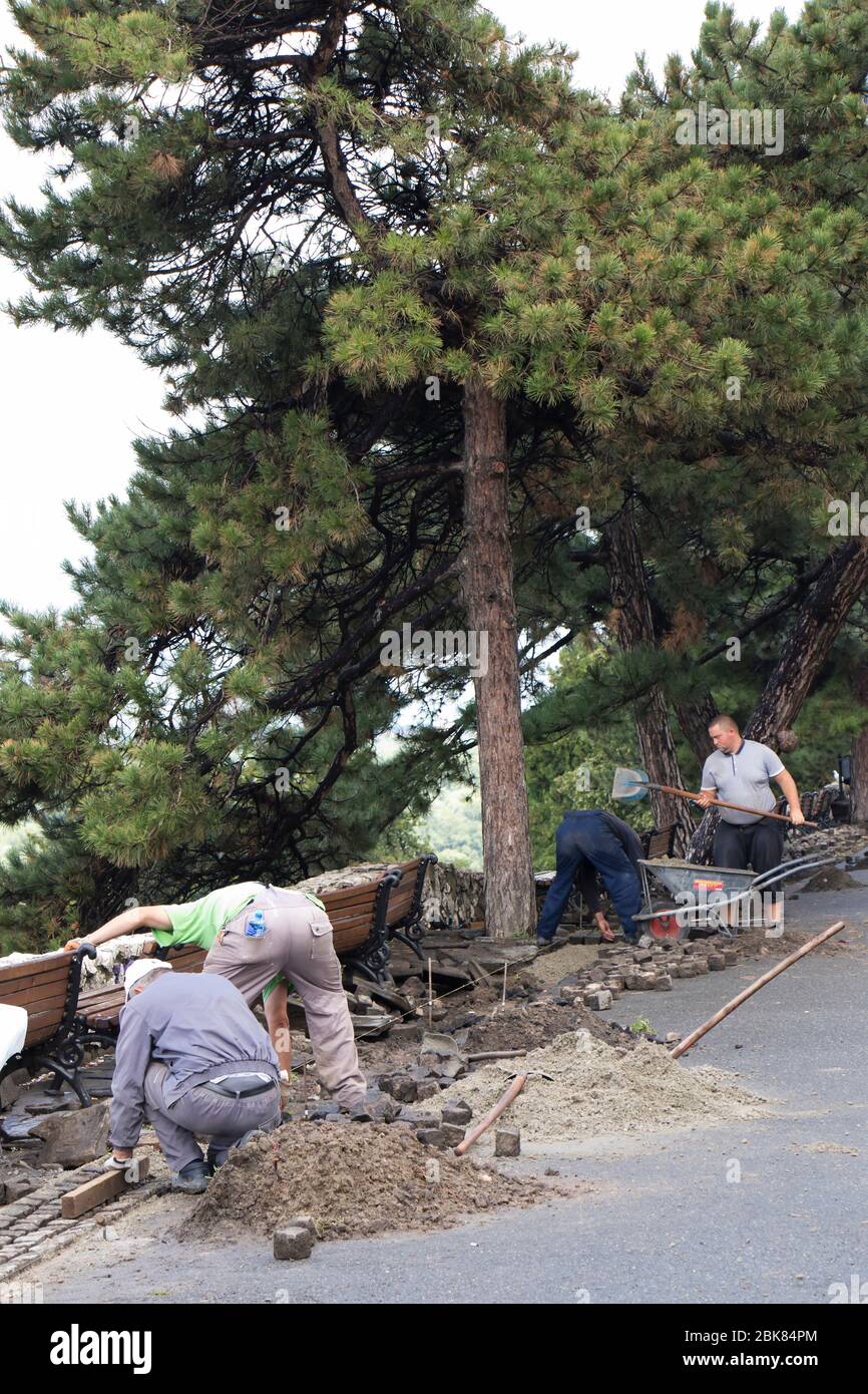 Belgrado, Serbia - 8 marzo 2020: Operai edili che mettono la pavimentazione di ciottoli sul lungomare della fortezza del parco di Kalemegdan Foto Stock