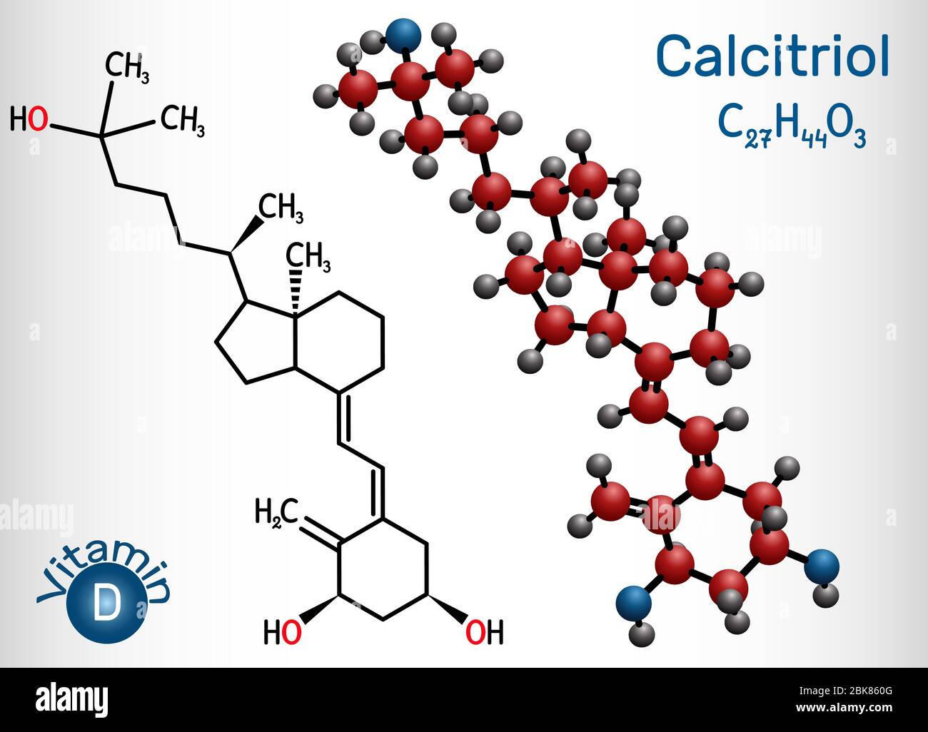 Calcitriolo, vitamina D, molecola C27H44O3. È l'idrossicalitolo, membro delle vitamine D3 e del triolo. Formula chimica strutturale, modello molecolare. Vettore Illustrazione Vettoriale