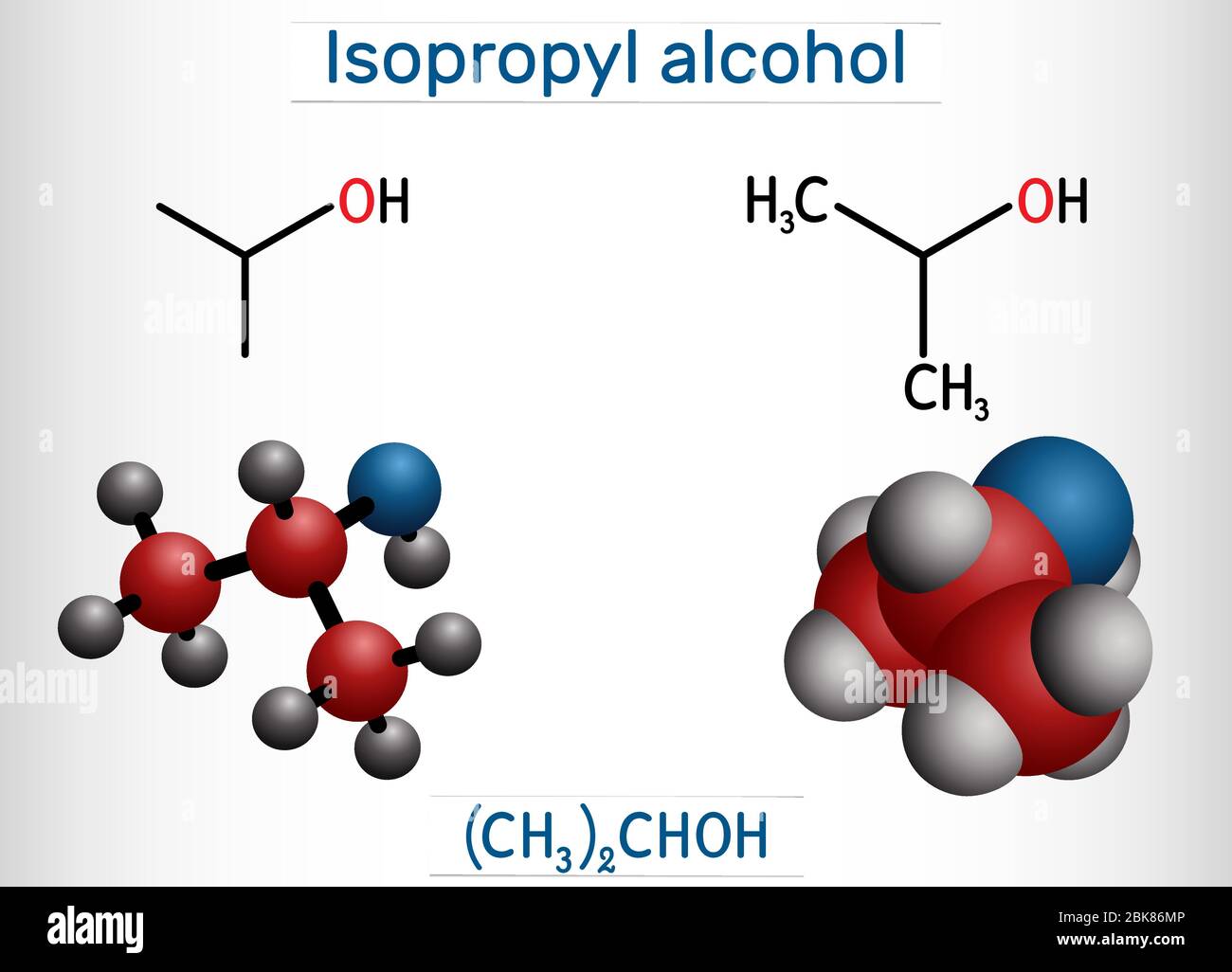 Alcool isopropilico, 2-propanolo, isopropanolo, molecola C3H8O. È un isomero dell'alcol propilico, utilizzato come antisettico nei disinfettanti e nei detergenti. Struttura Illustrazione Vettoriale