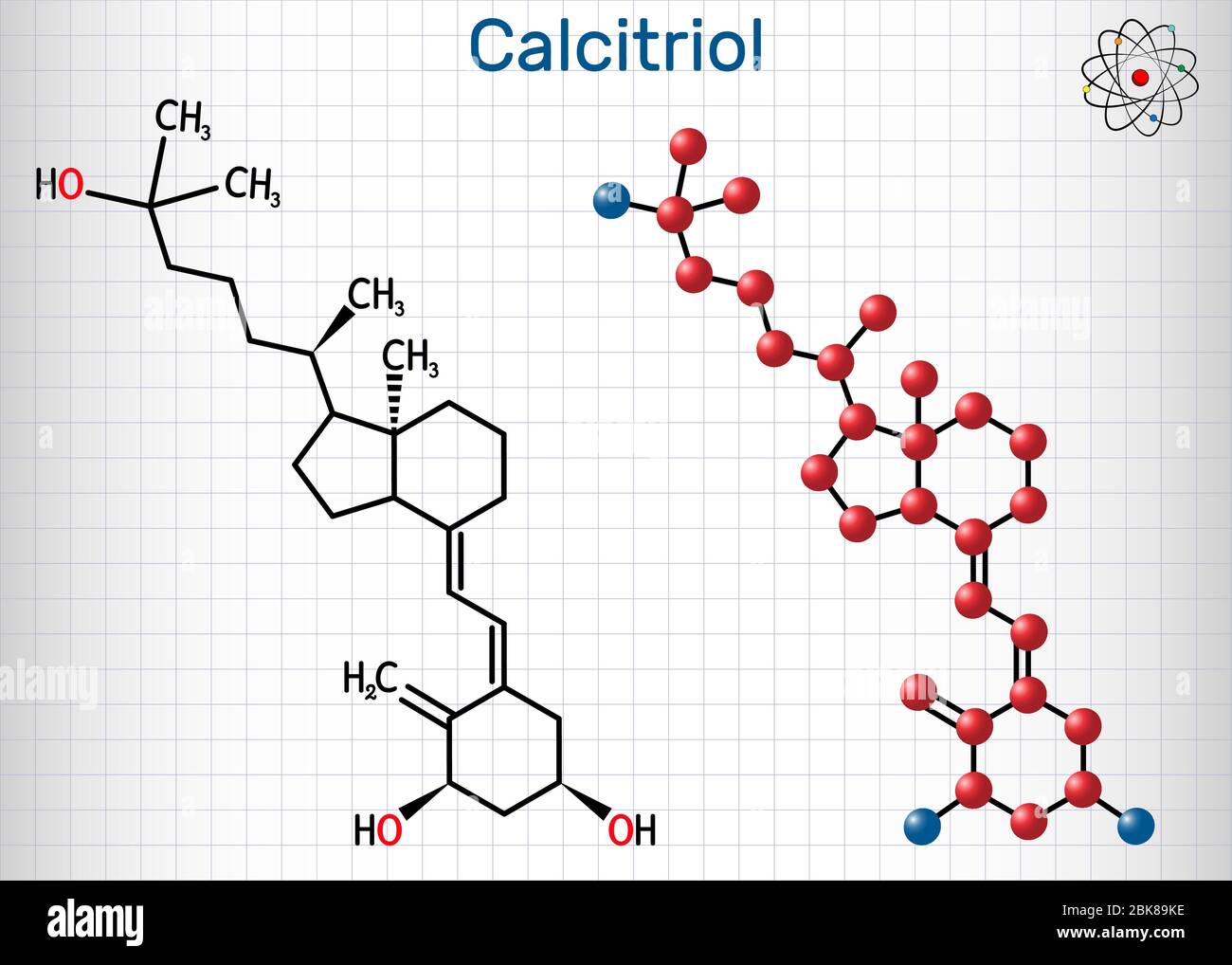 Calcitriolo, vitamina D, molecola C27H44O3. È l'idrossicalitolo, membro delle vitamine D3 e del triolo. Formula chimica strutturale, modello molecolare. Foglio o Illustrazione Vettoriale