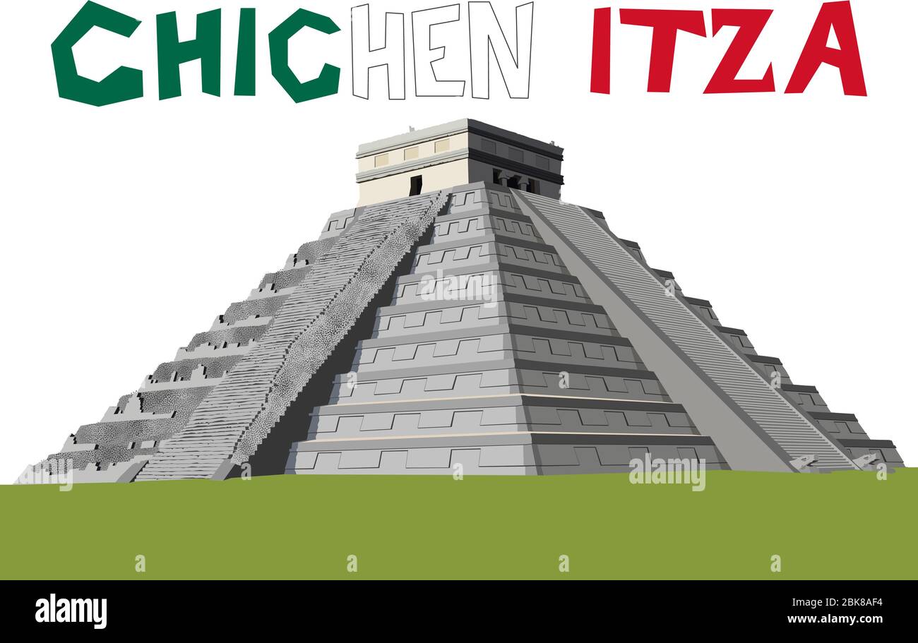 Grafica vettoriale dettagliata e naturalistica della Piramide di Chichen Itza sulla penisola dello Yucatan, Messico, America Centrale Illustrazione Vettoriale