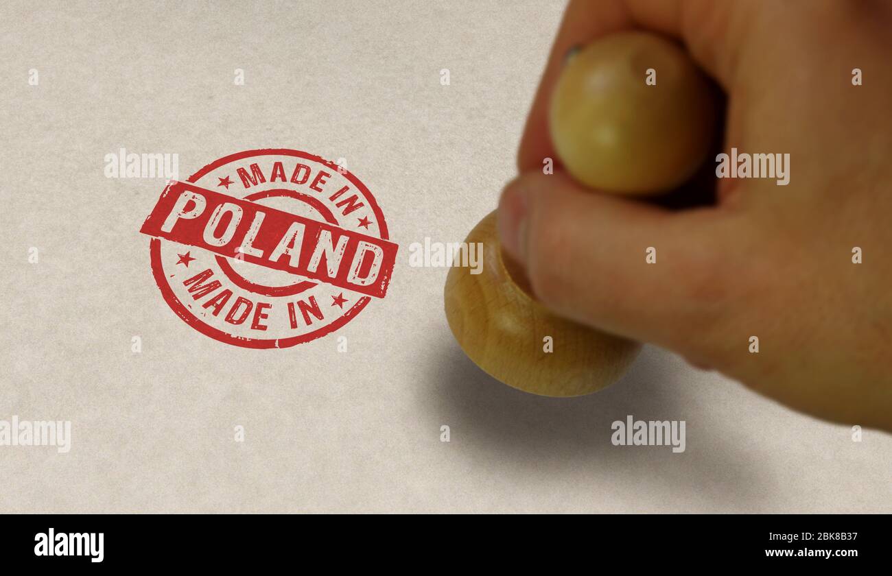 Stampato in Polonia e mano di stampaggio. Concetto di fabbrica, produzione e paese di produzione. Foto Stock