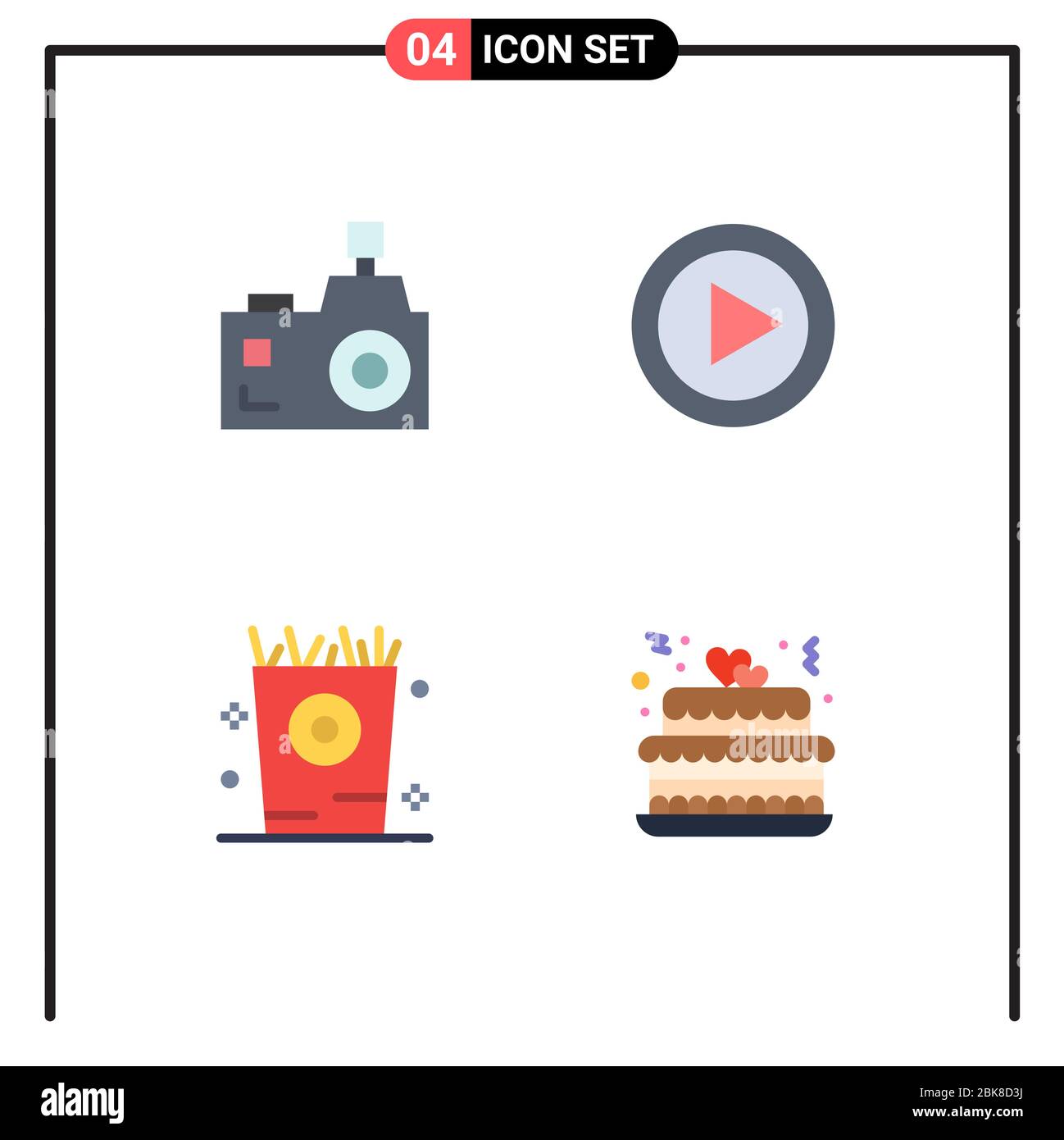 4 Set di icone piatte universali per applicazioni web e mobili fotocamera, lettore, fotografo, multimedia, elementi di design vettoriale per le festività Illustrazione Vettoriale
