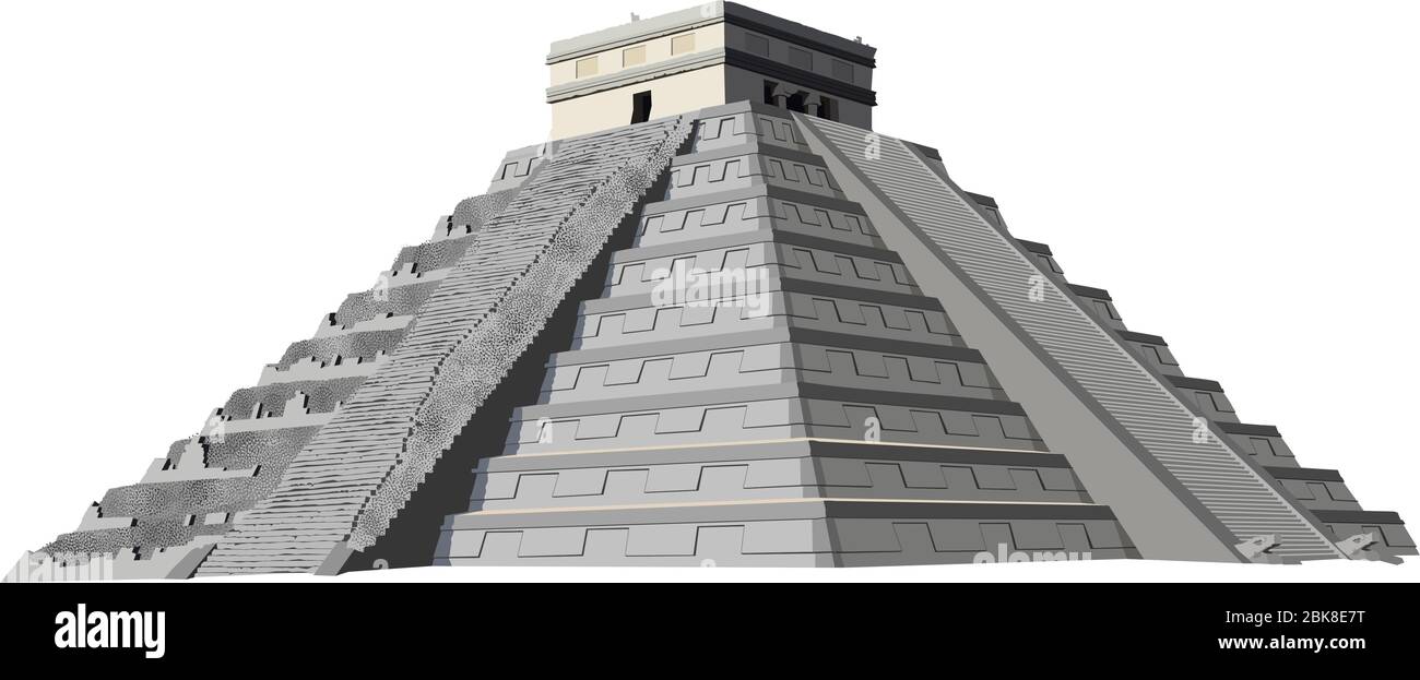Grafica vettoriale dettagliata e naturalistica della Piramide di Chichen Itza sulla penisola dello Yucatan, Messico, America Centrale Illustrazione Vettoriale