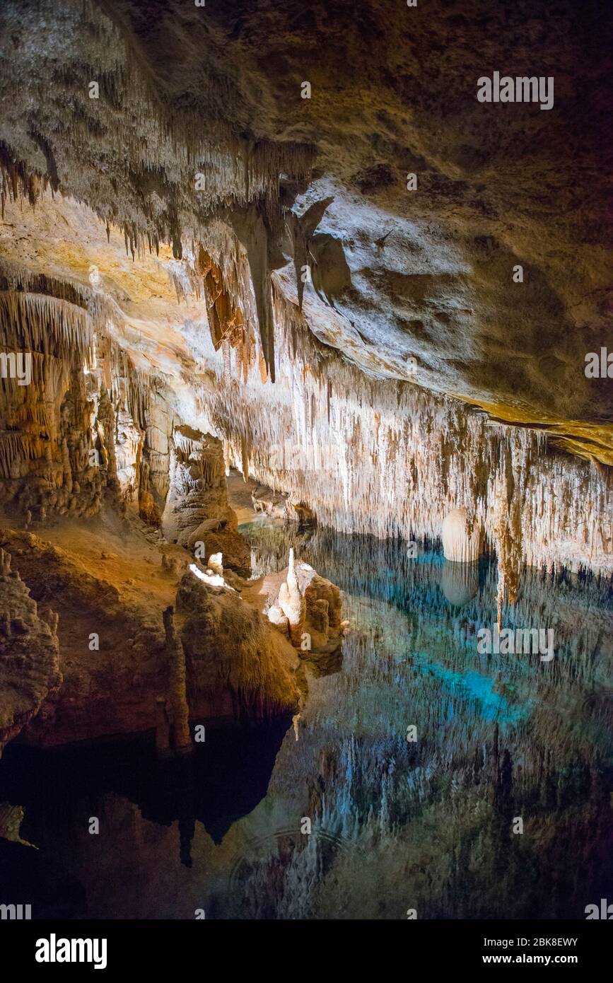 Grotte illuminate di stalattiti in Spagna sull'isola di Maiorca. Illuminazione multicolore delle grotte. Bella grotta. Stalattiti in vecchia grotta. Rosso, gr Foto Stock